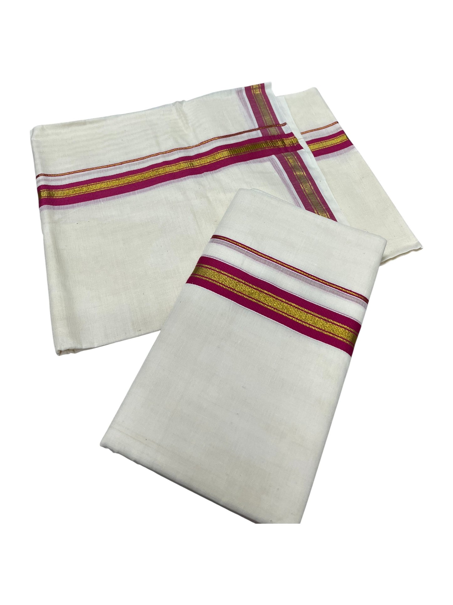 Pure Cotton Kerala Single Set Mundu (Mundum Neriyathum) with Magenta Kasavu Border in 2.80 Mtrs