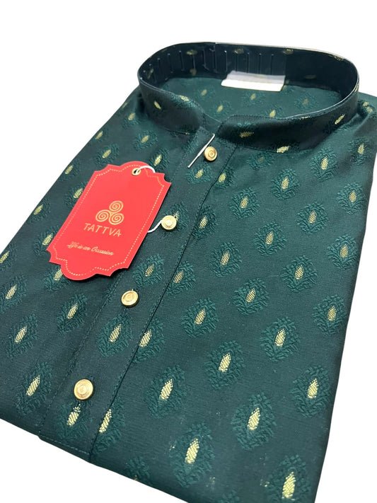 Southloom Green Woven Patterns Semi Silk Long Kurta for Men SL591