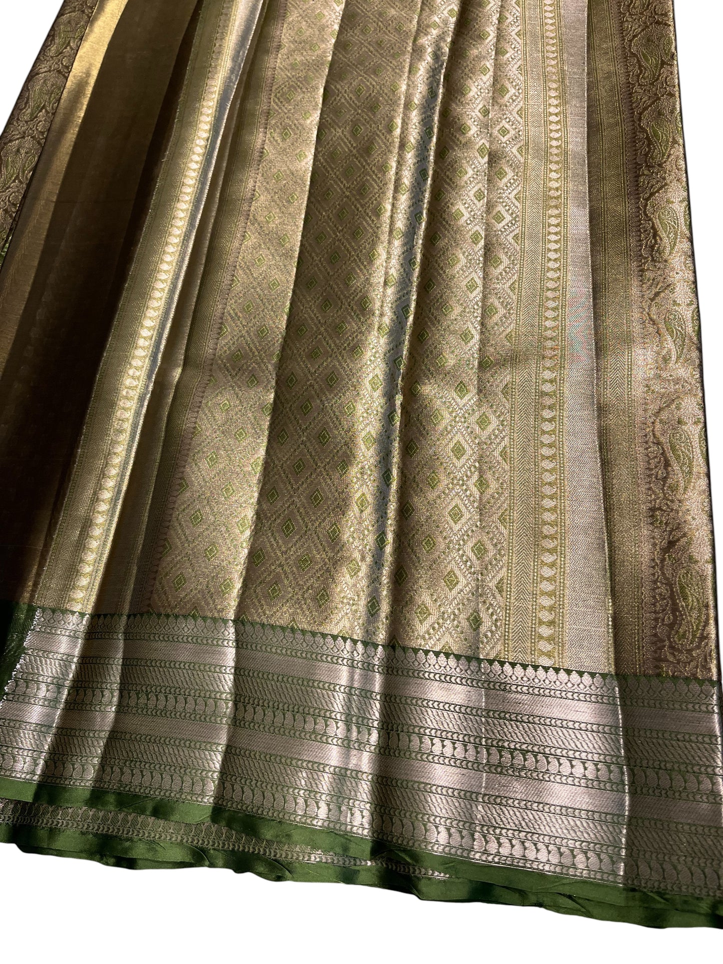 Southloom Semi Banarasi Katan Tissue Saree with Woven Work on Body and Borders (Golden & Green)