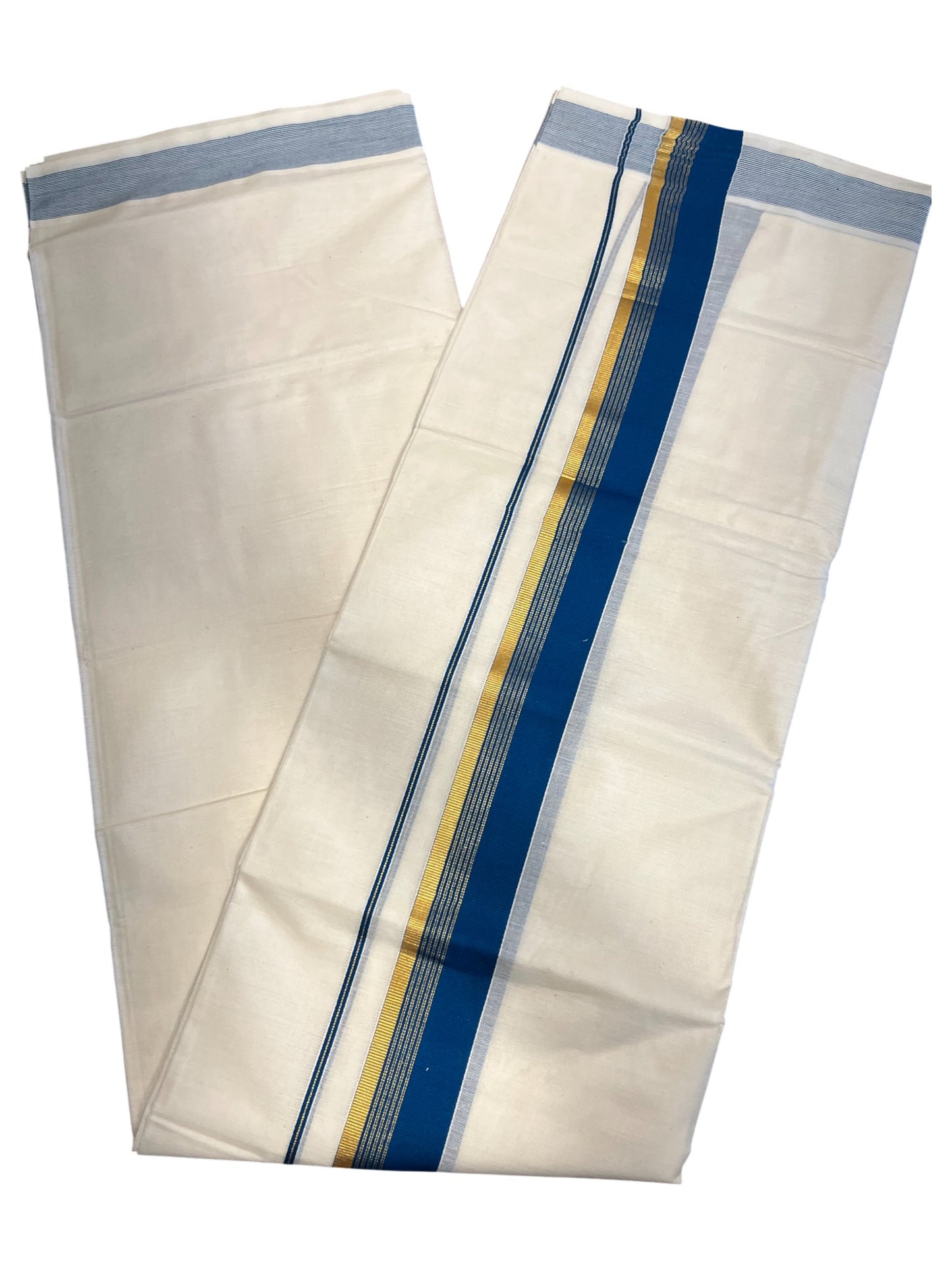 Southloom Kerala Pure Cotton Double Mundu with Gold Lines & Blue Border (South Indian Dhoti)