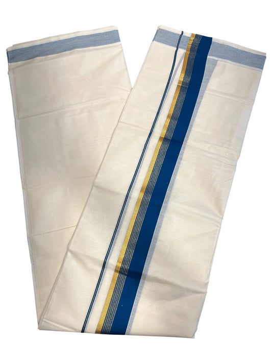 Southloom Kerala Pure Cotton Double Mundu with Gold Lines & Blue Border (South Indian Dhoti)
