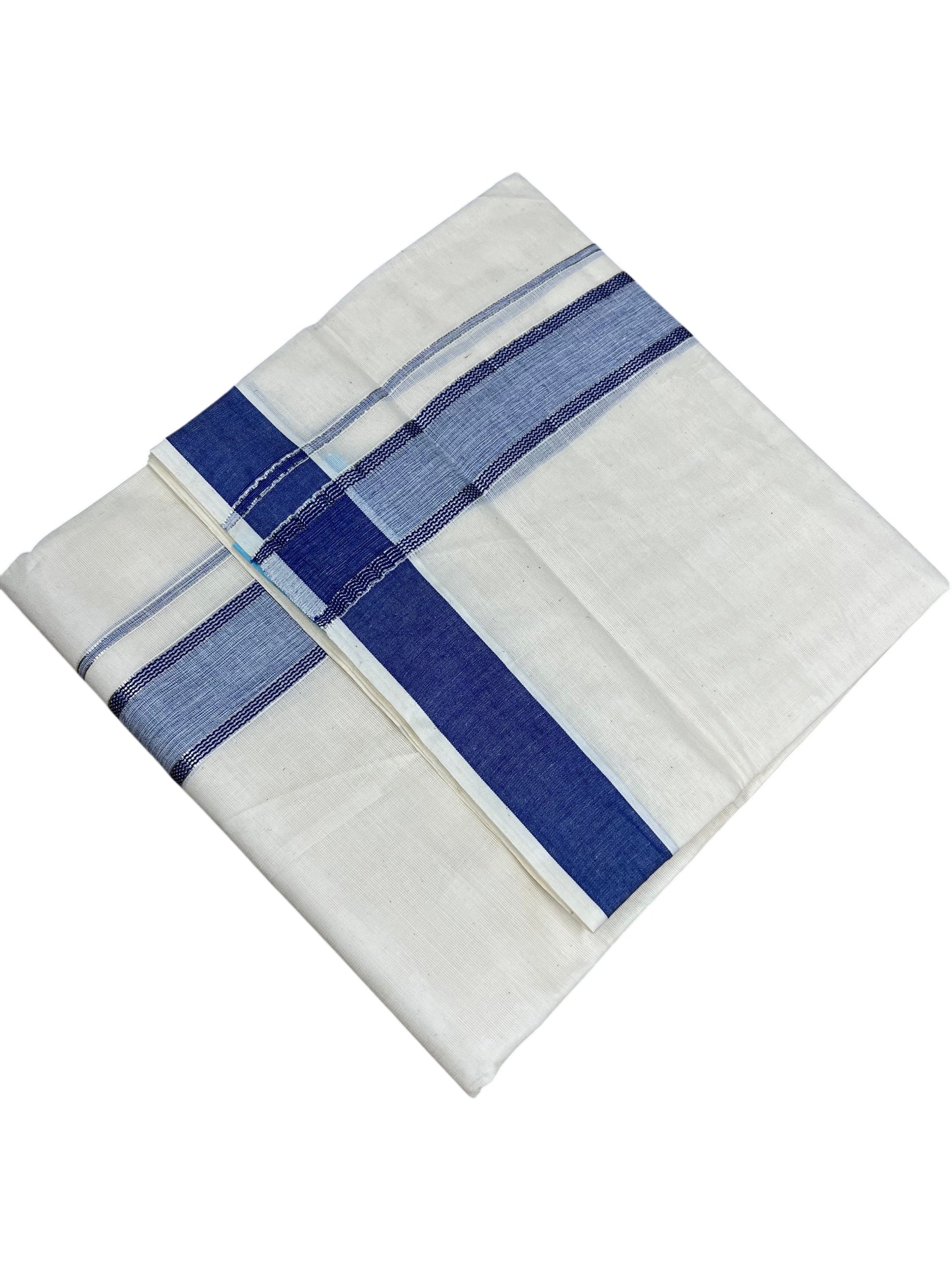 Southloom Kerala Pure Cotton Double Mundu with Silver Lines and Blue Border with (South Indian Dhoti)