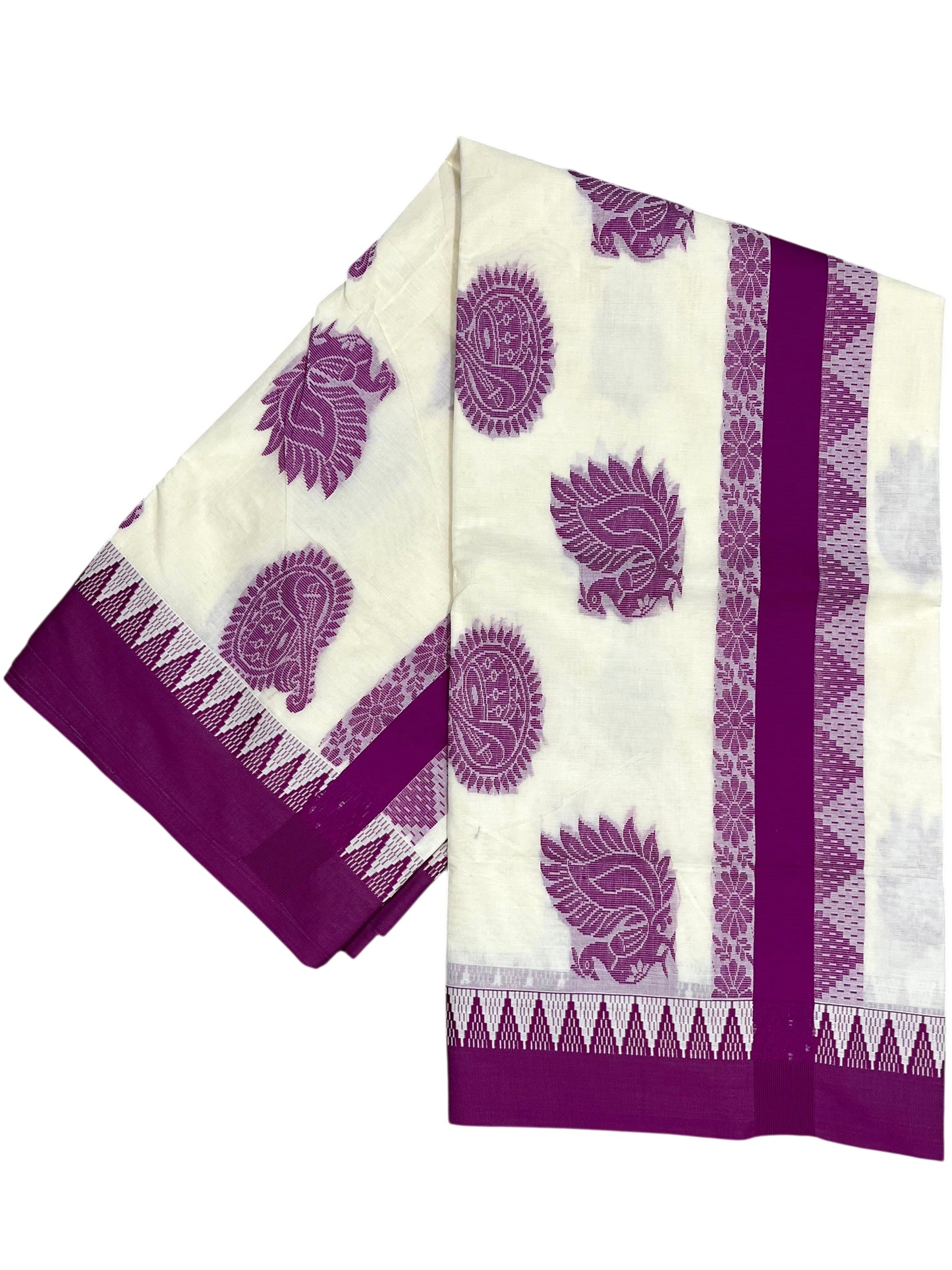 Southloom Pure Cotton Kerala Saree with Voilet Heavy Woven Designs and Temple Border