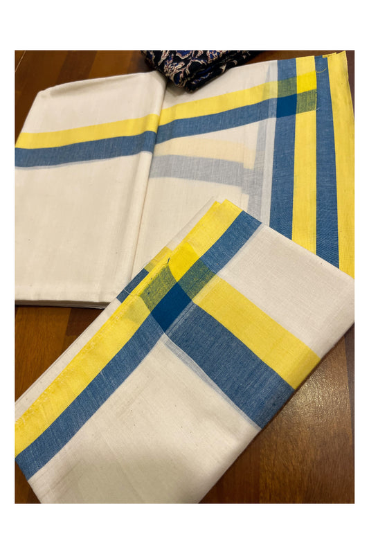 Southloom Mulloth Soft Cotton Blue Yellow Border Set Mundu with Jaipur Printed Blouse Piece (2.60 M Neriyathu / Blouse 1 Meter)