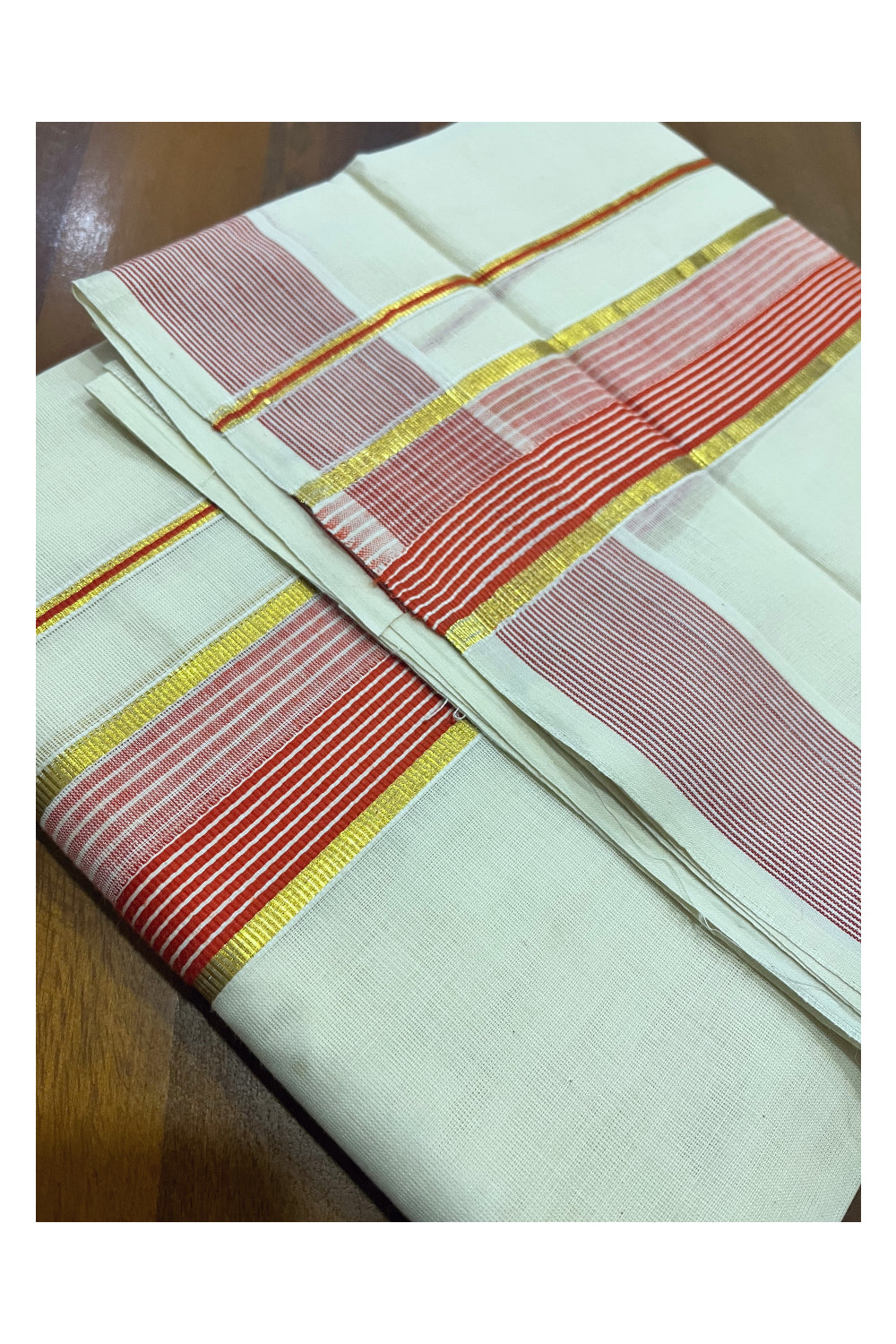 Kerala Pure Cotton Double Mundu with Orange Lines and Kasavu Border