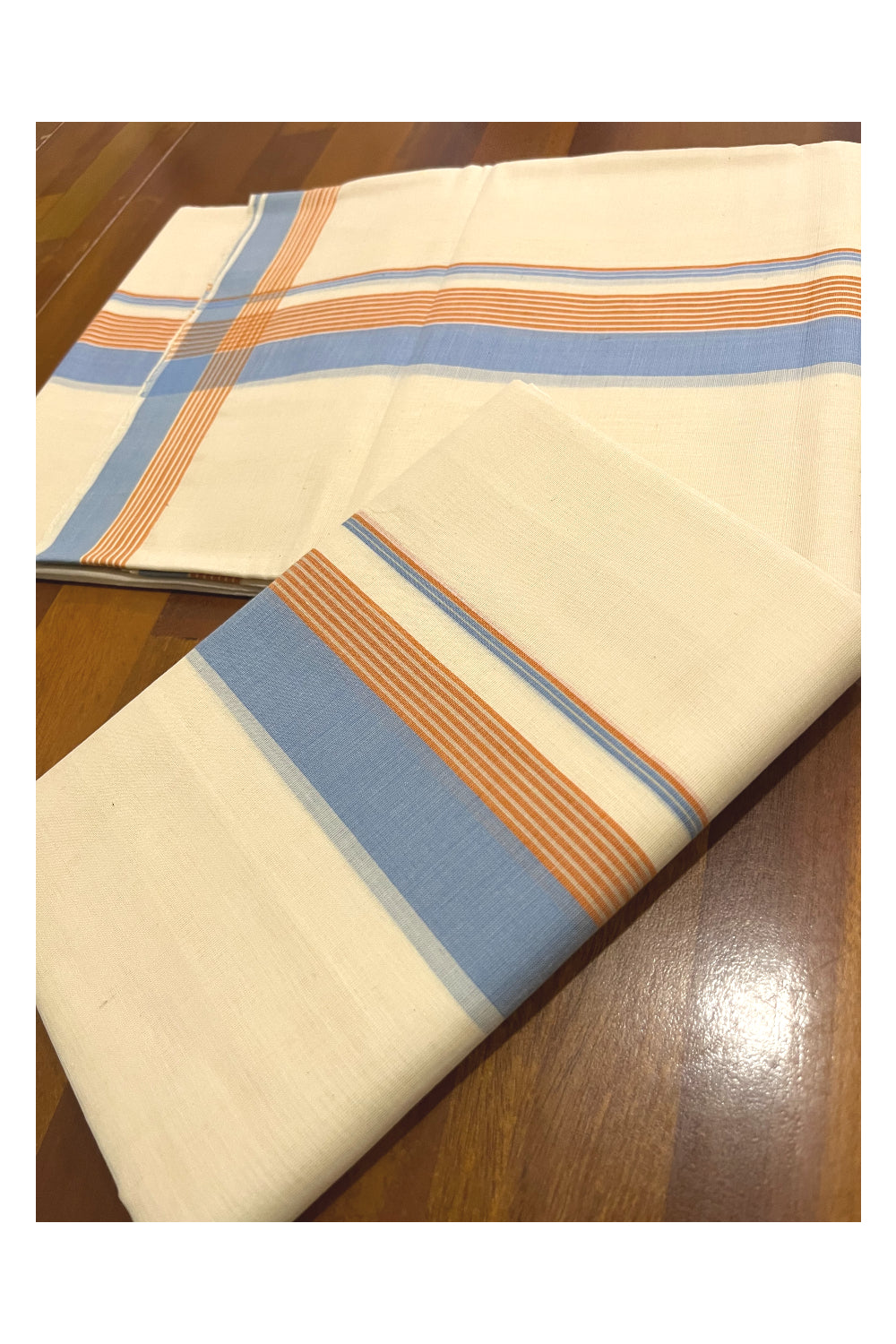 Southloom Premium Handloom Single Set Mundu (Mundum Neriyathum) with Blue and Orange Border 2.80 Mtrs