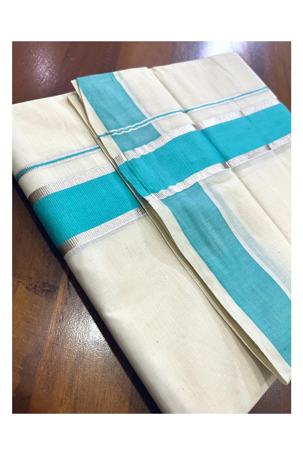 Pure Cotton Double Mundu with Turquoise and Silver Kasavu Kara (South Indian Kerala Dhoti)