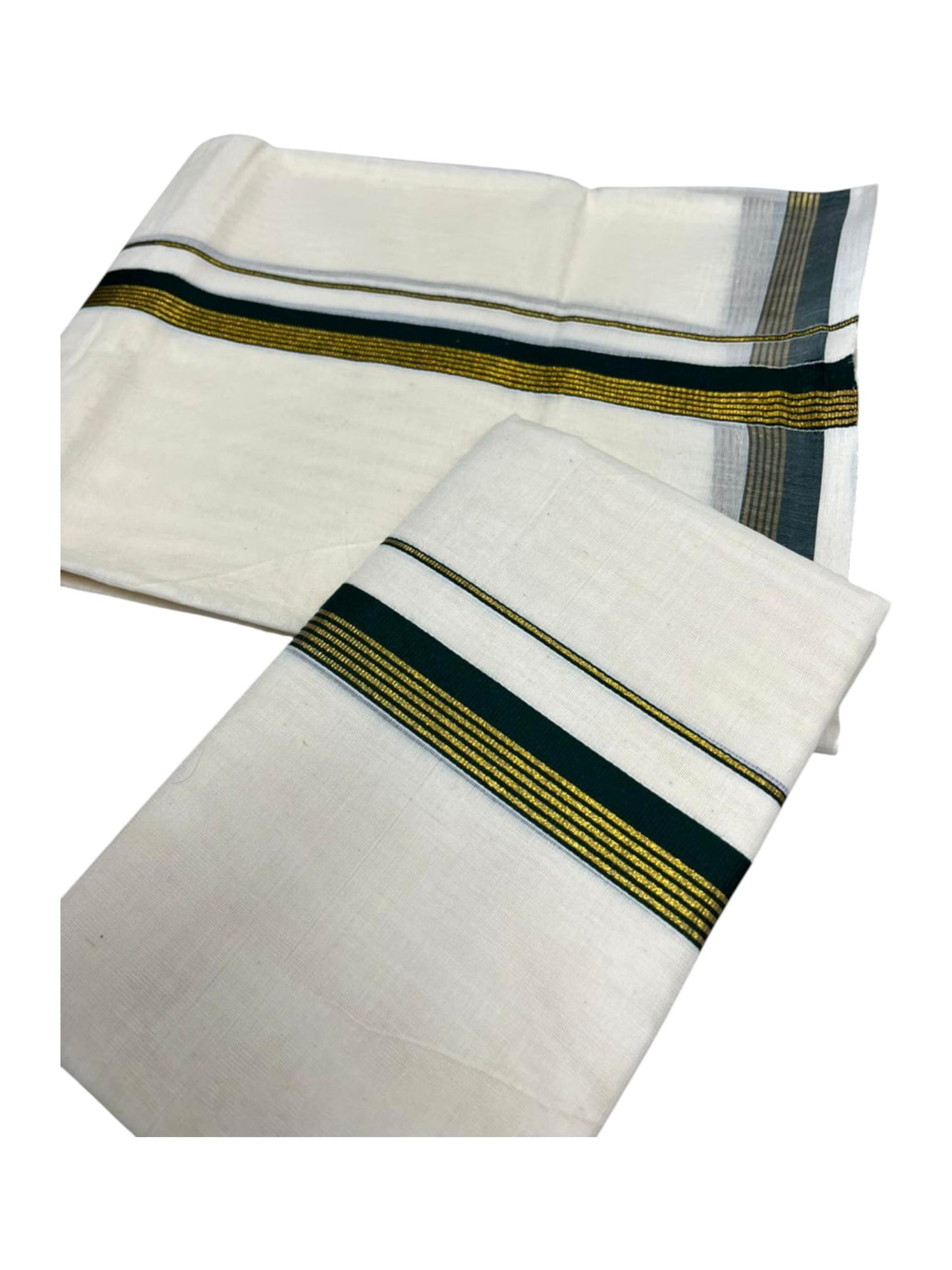 Pure Cotton Kerala Single Set Mundu (Mundum Neriyathum) with Green Kasavu Border in 2.80 Mtrs