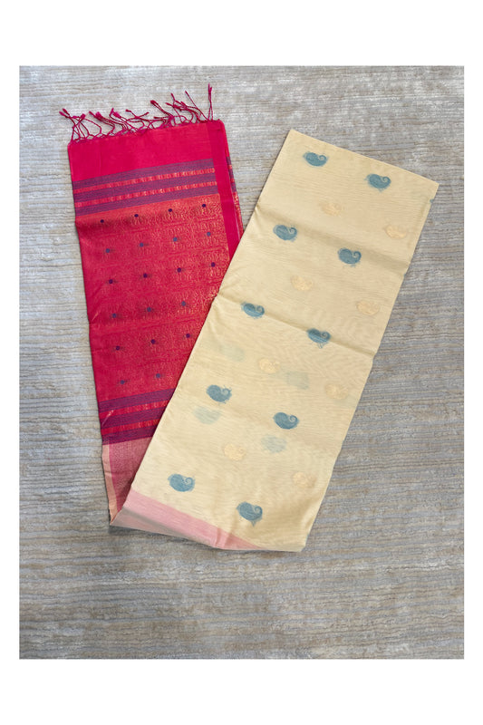 Southloom Pure Handloom Cotton Silk Saree With Handwoven Work Across Body and Blouse in Beige And Pink