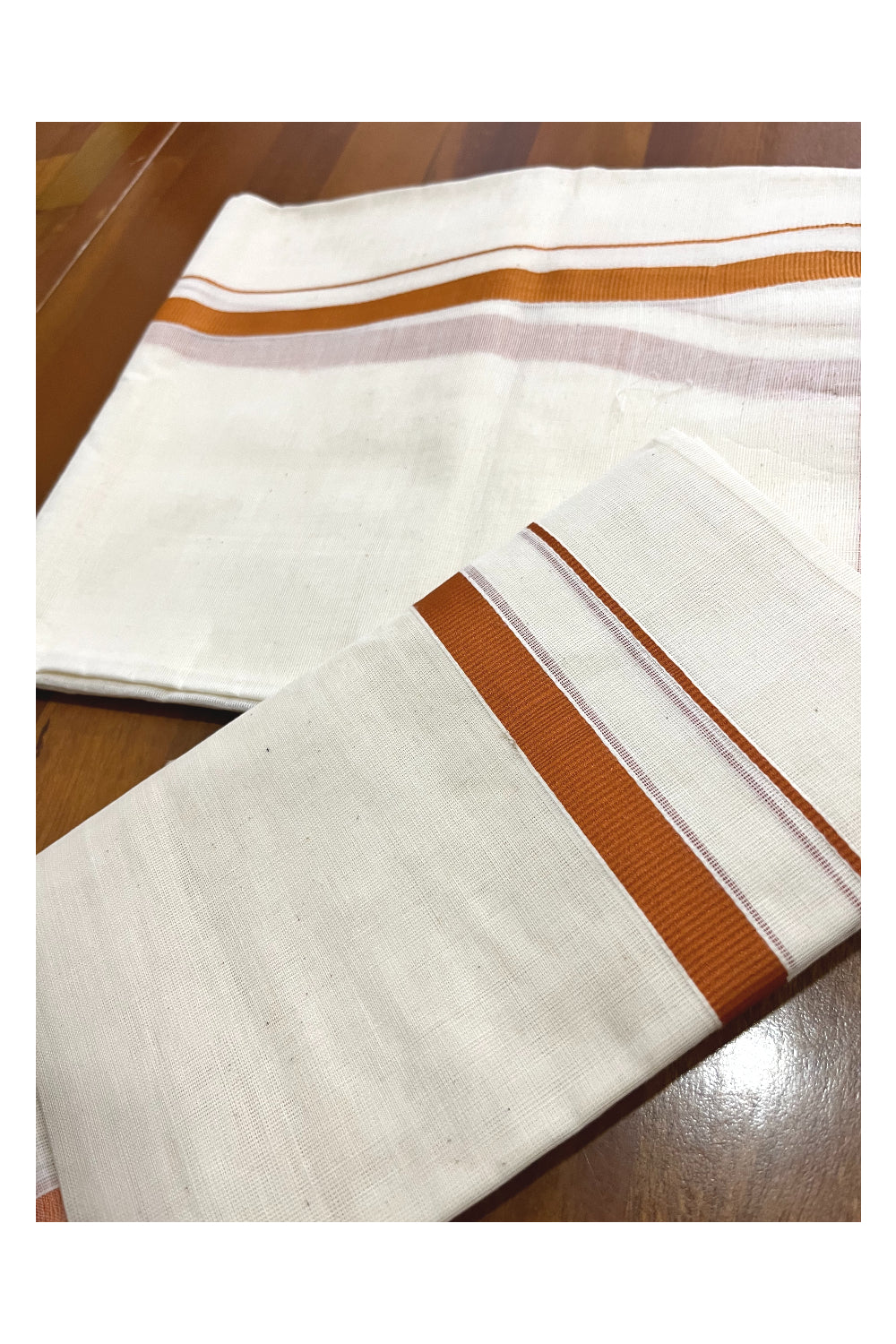 Kerala Cotton Plain Mundum Neriyathum Single (Set Mundu) with 0.5 inch Orange Border