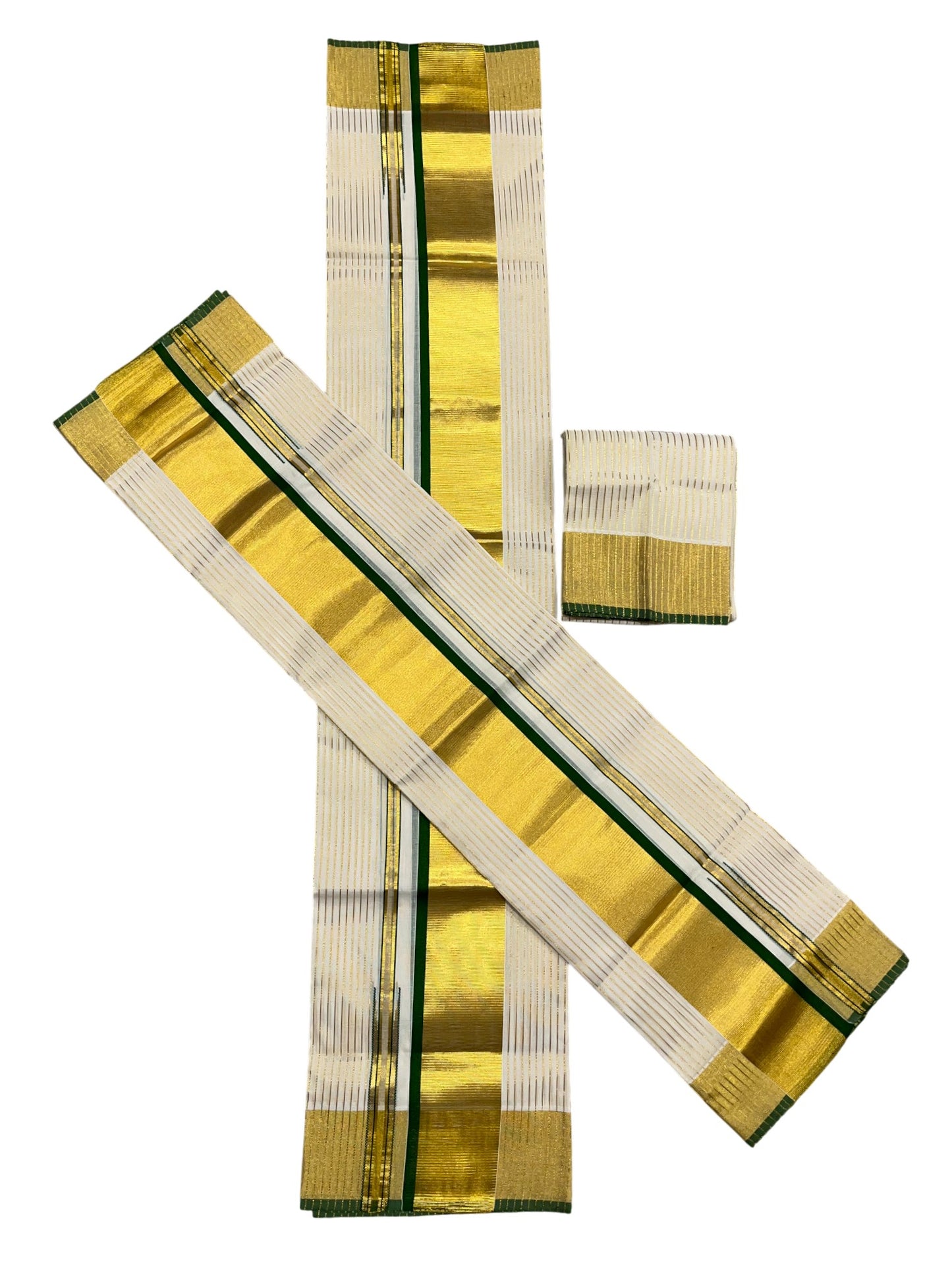 Southloom Premium Handloom Cotton Set Mundu with Kasavu and Green Border (2.80 Mtr)