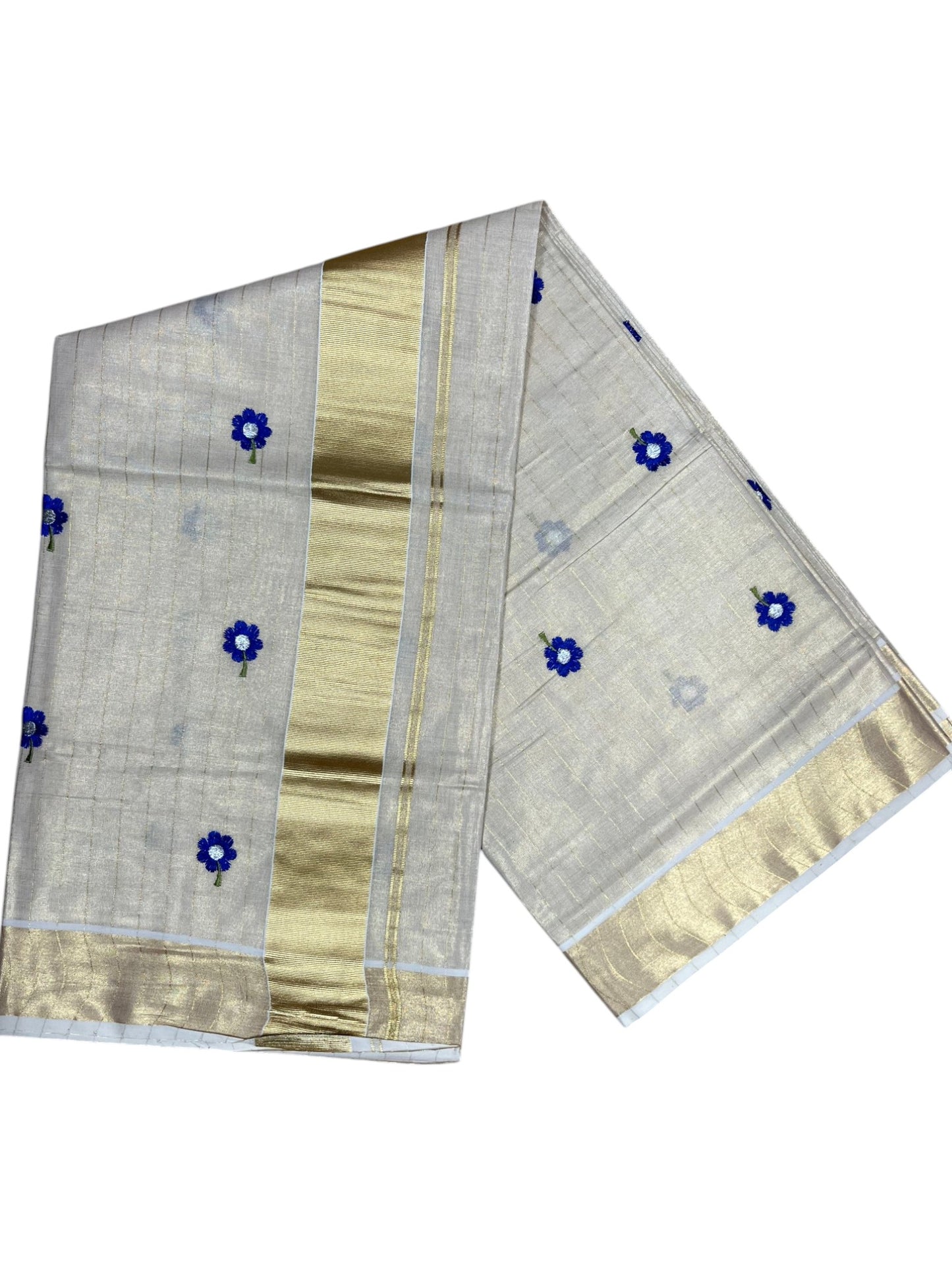 Southloom Kerala Tissue Kasavu Lines Saree with Blue Floral Embroidery Work on Body