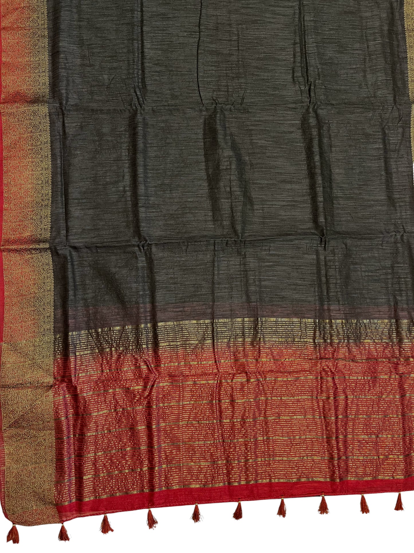 Southloom Jute Designer Black Saree  And Maroon Zari Woven Work Border with Tussles