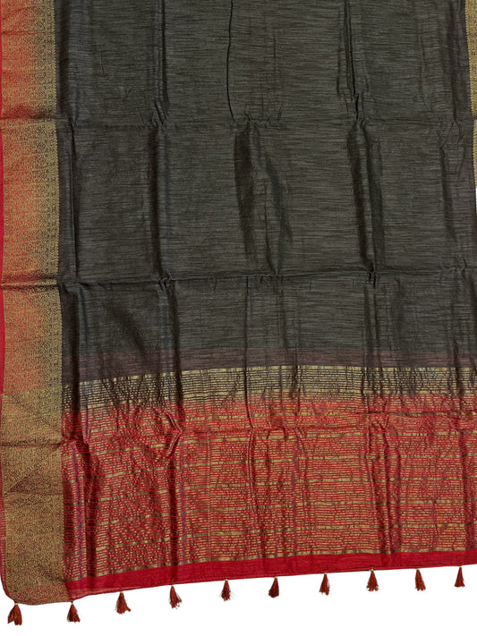 Southloom Jute Designer Black Saree  And Maroon Zari Woven Work Border with Tussles