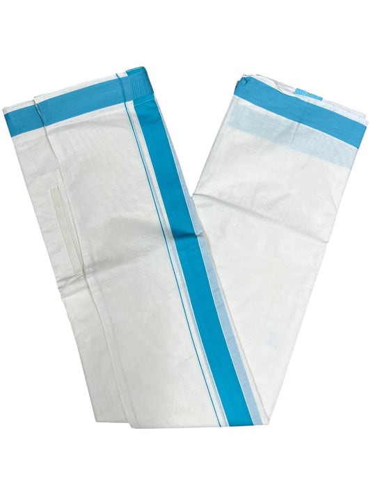 Southloom Kerala Cotton Velcro Mundu with Blue Border (South Indian Kerala Dhoti) in 3.85 mtrs