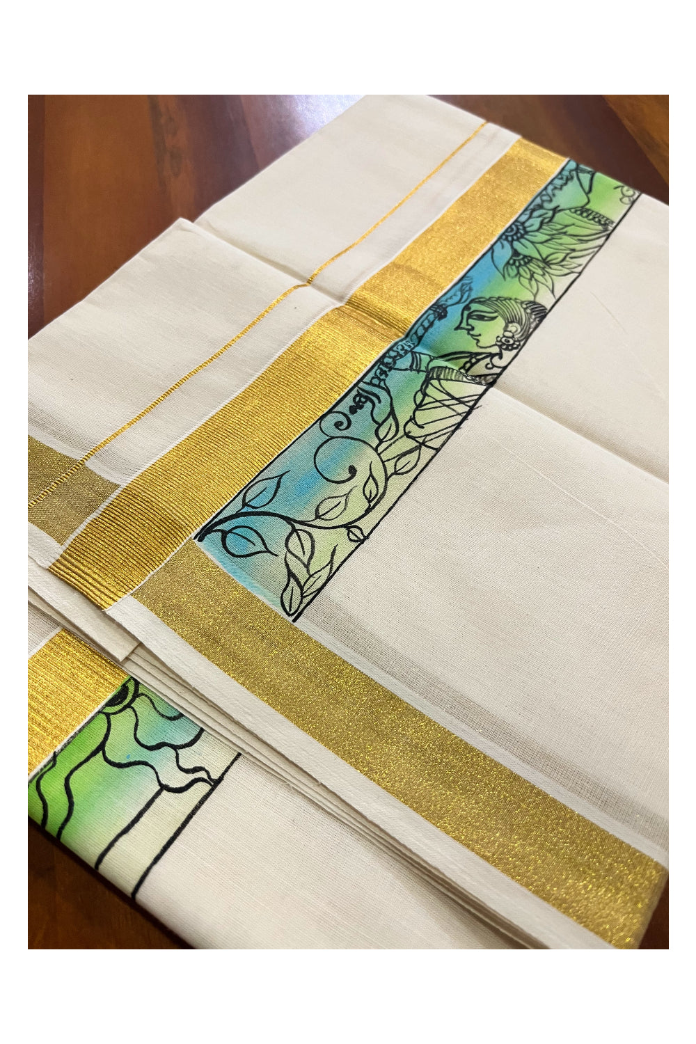 Pure Cotton Kerala Double Mundu with Krishna Hand Painted Designs on Kasavu Border (Vishu Collection 2024)