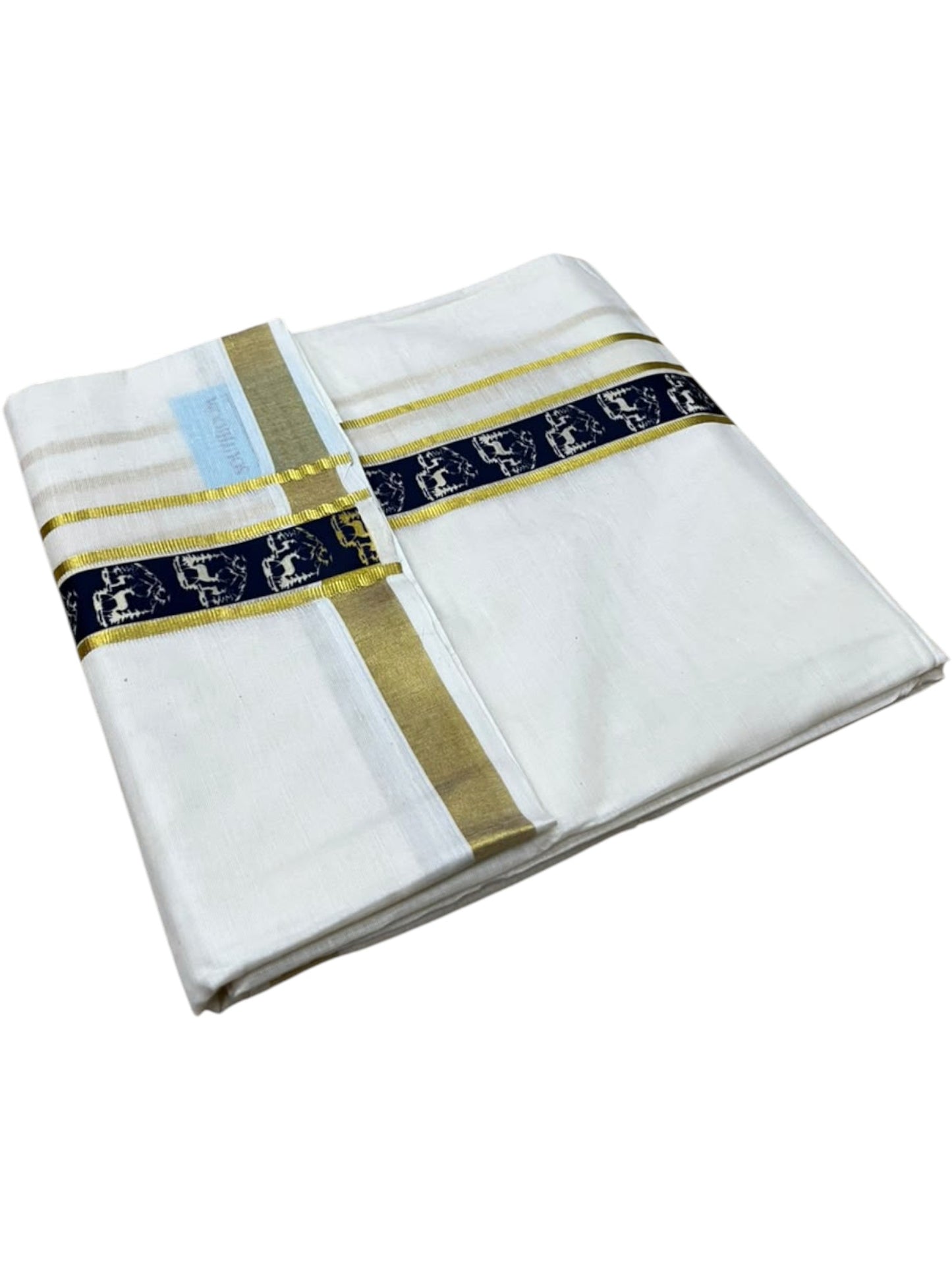 Southloom Pure Cotton Double Mundu with Blue Block Printed And Ksavu Border (South Indian Kerala Dhoti)