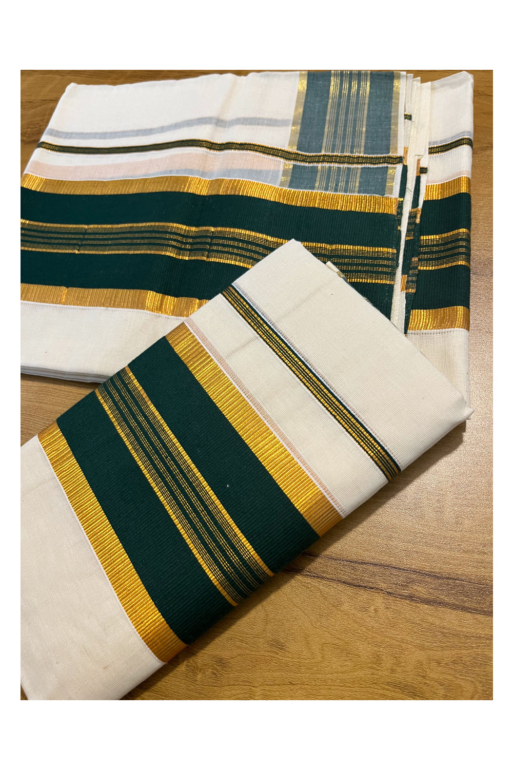 Kerala Cotton Set Mundu (Mundum Neriyathum) with Kasavu and Dark Green Border