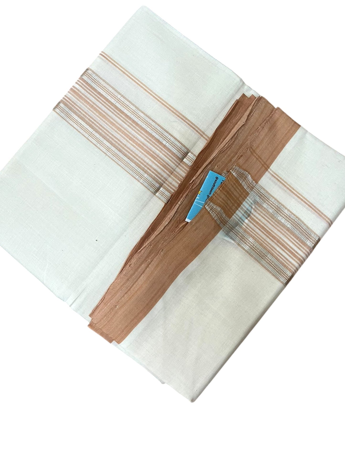 Southloom Balaramapuram Unakkupaavu Premium Handloom Cotton Double Mundu with Silver Lines and Brown Border