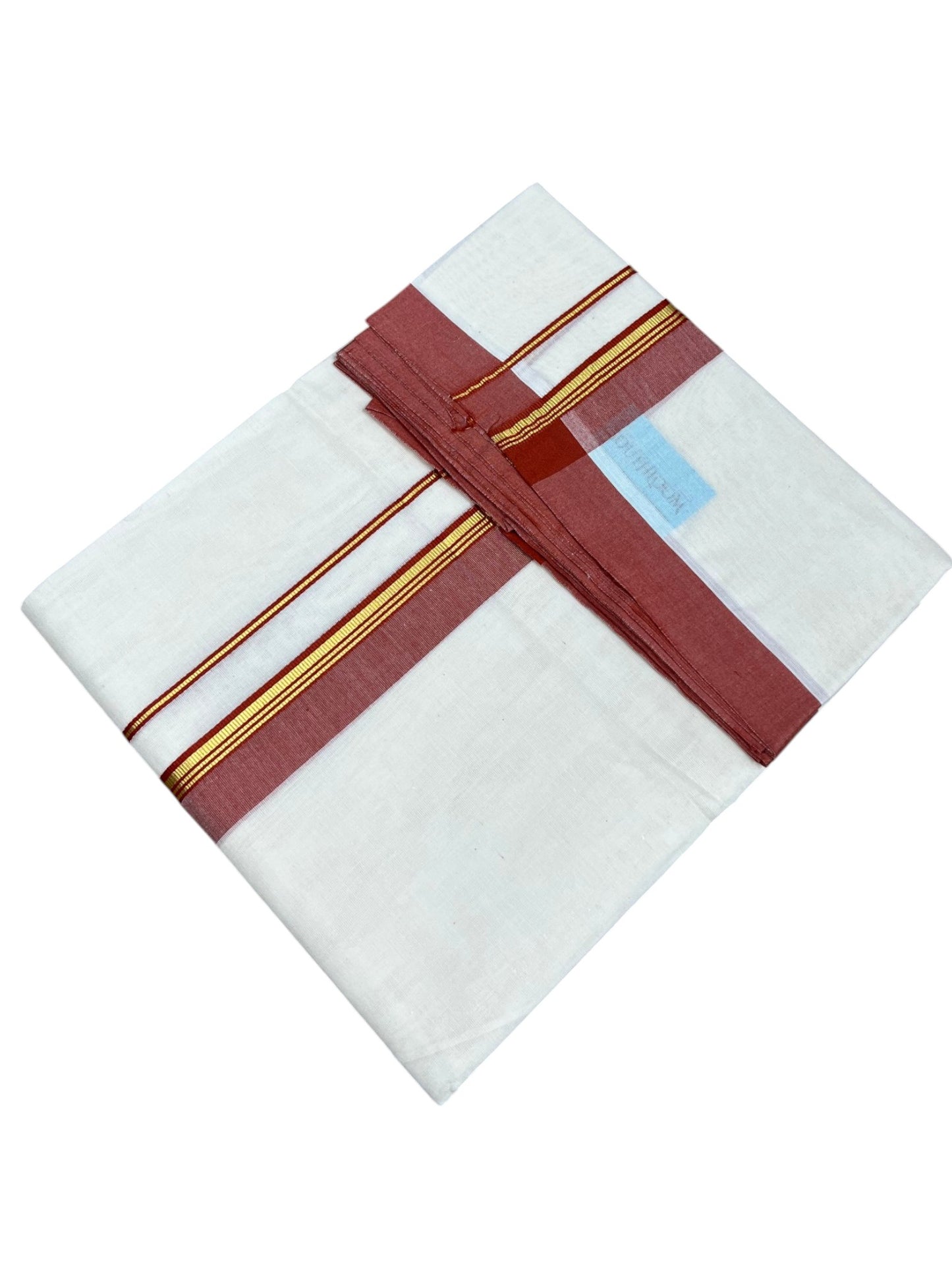 Southloom Pure Cotton Mundu with Gold Lines and Brike Red Border (South Indian Kerala Dhoti)
