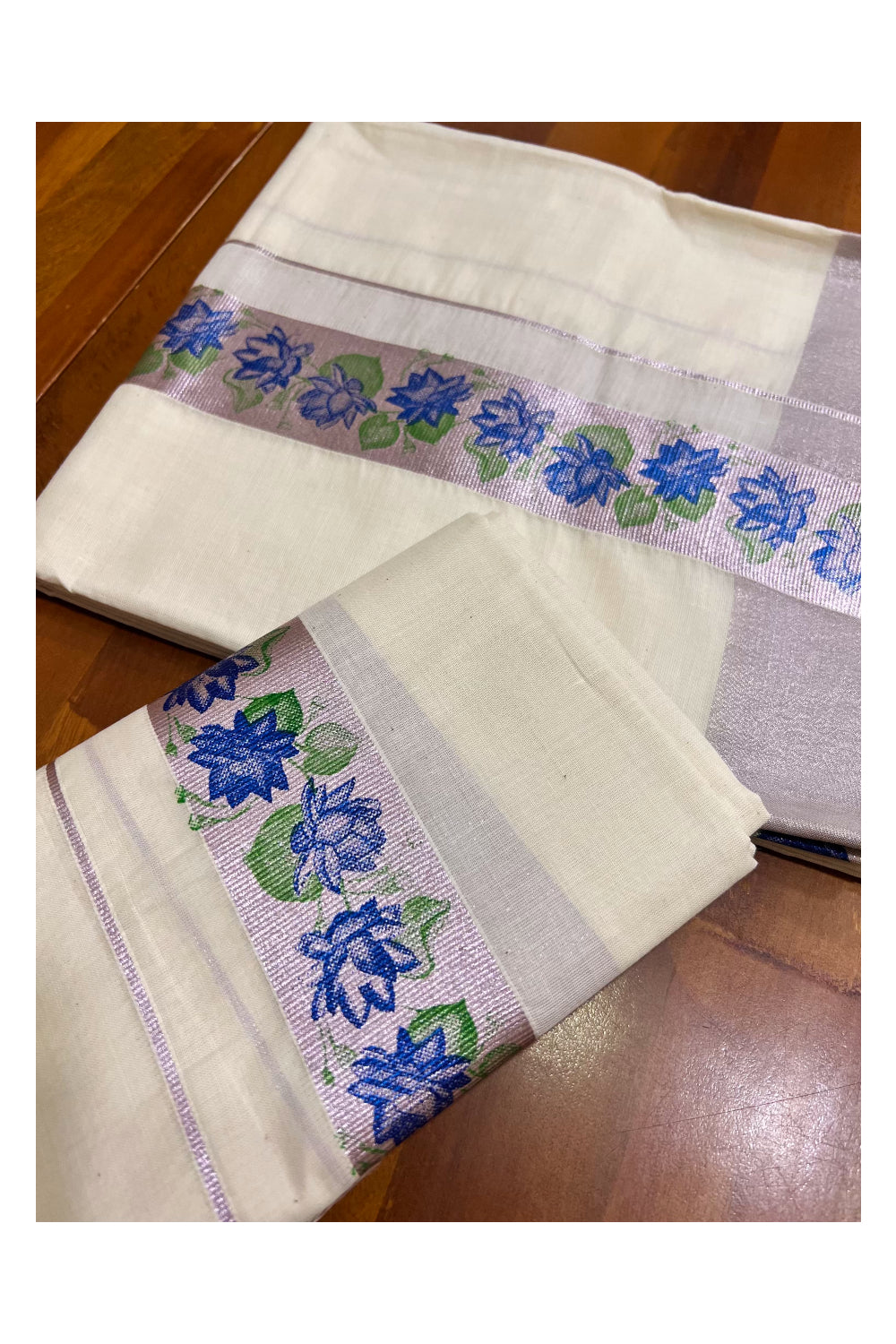 Kerala Pure Cotton Single Set Mundu (Mundum Neriyathum) with Blue Green Block Prints on Rose Copper Kasavu Border