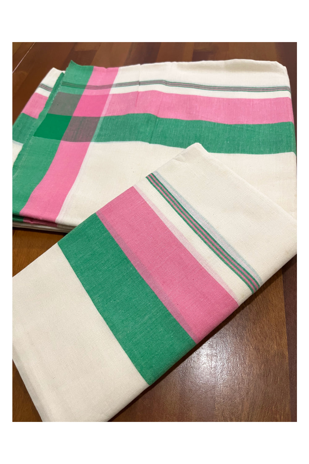 Pure Cotton Mundum Neriyathum Double (Set Mundu) with Green and Pink Border