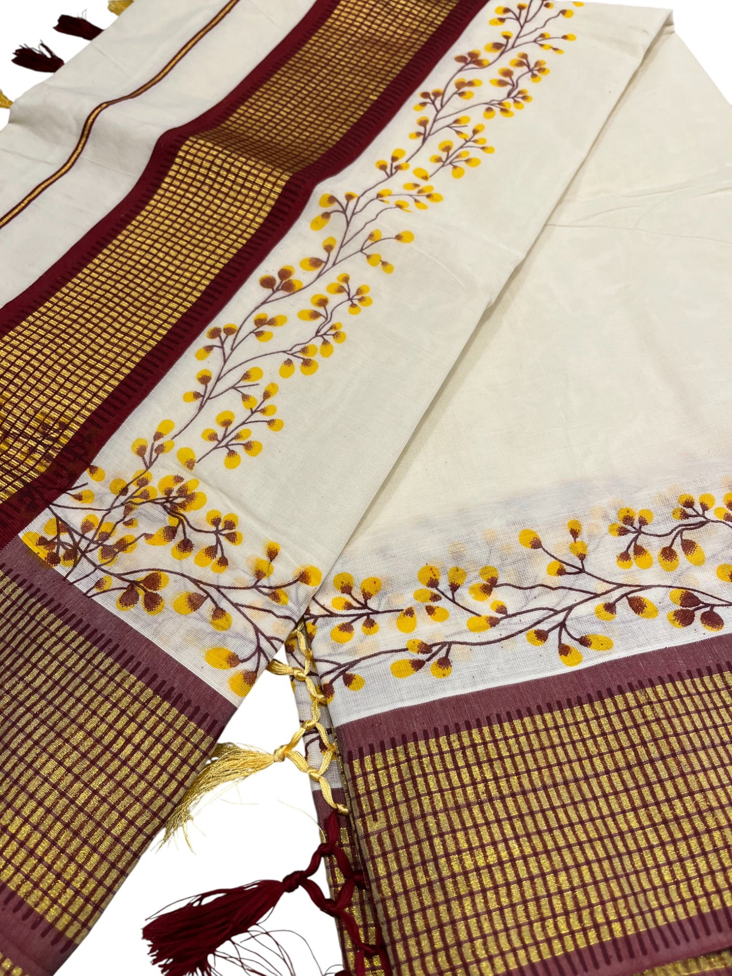 Southloom Maroon Floral Print Saree with Kasavu Check Borders