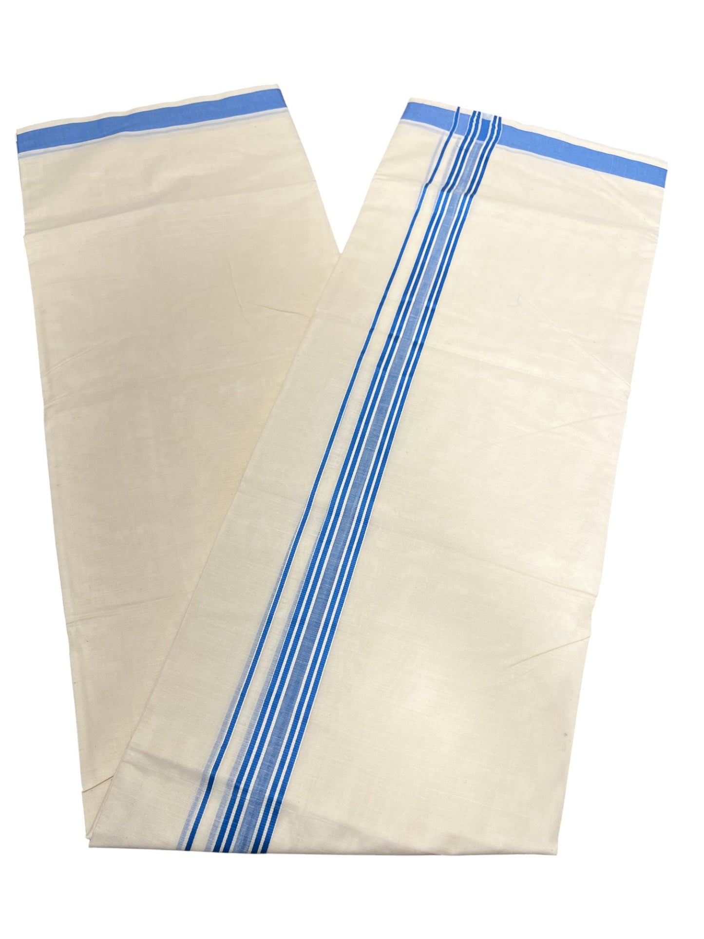 Southloom Pure Cotton Double Mundu With White Lines & Blue Border (South Indian Kerala Dhoti)