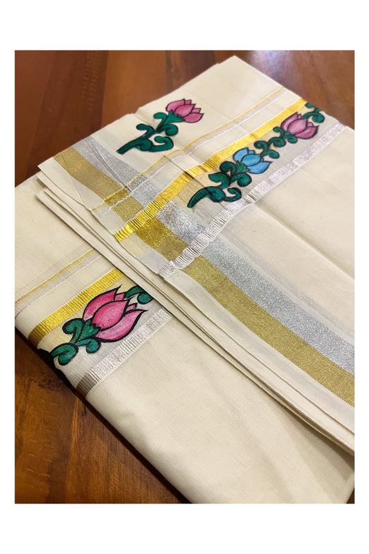 Pure Cotton Kerala Double Mundu with Silver and Golden Kasavu Hand Painted Floral Design Border (South Indian Kerala Dhoti)