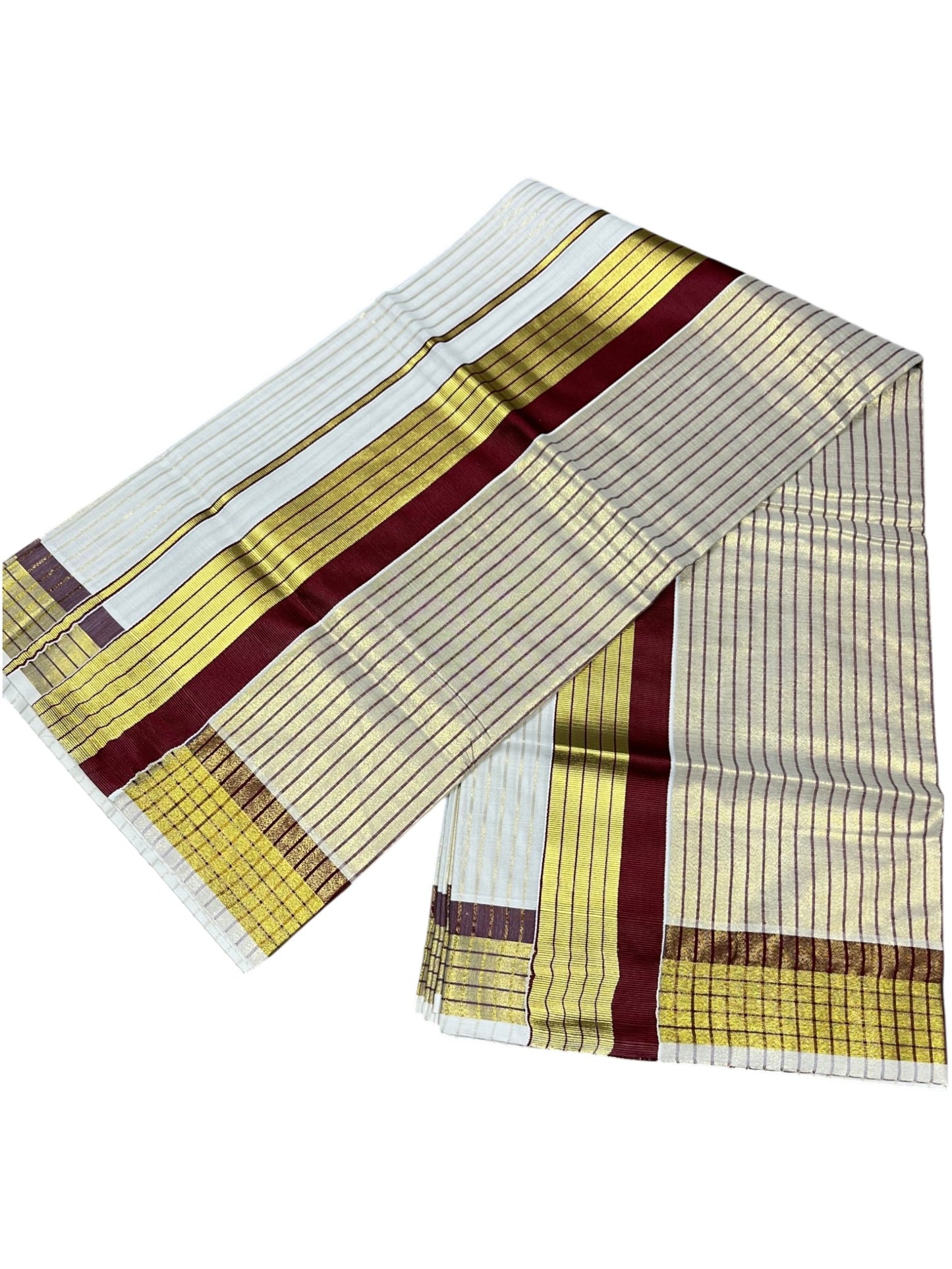 Southloom Kerala Pure Cotton Saree with Stripes on Body and Borders in Maroon