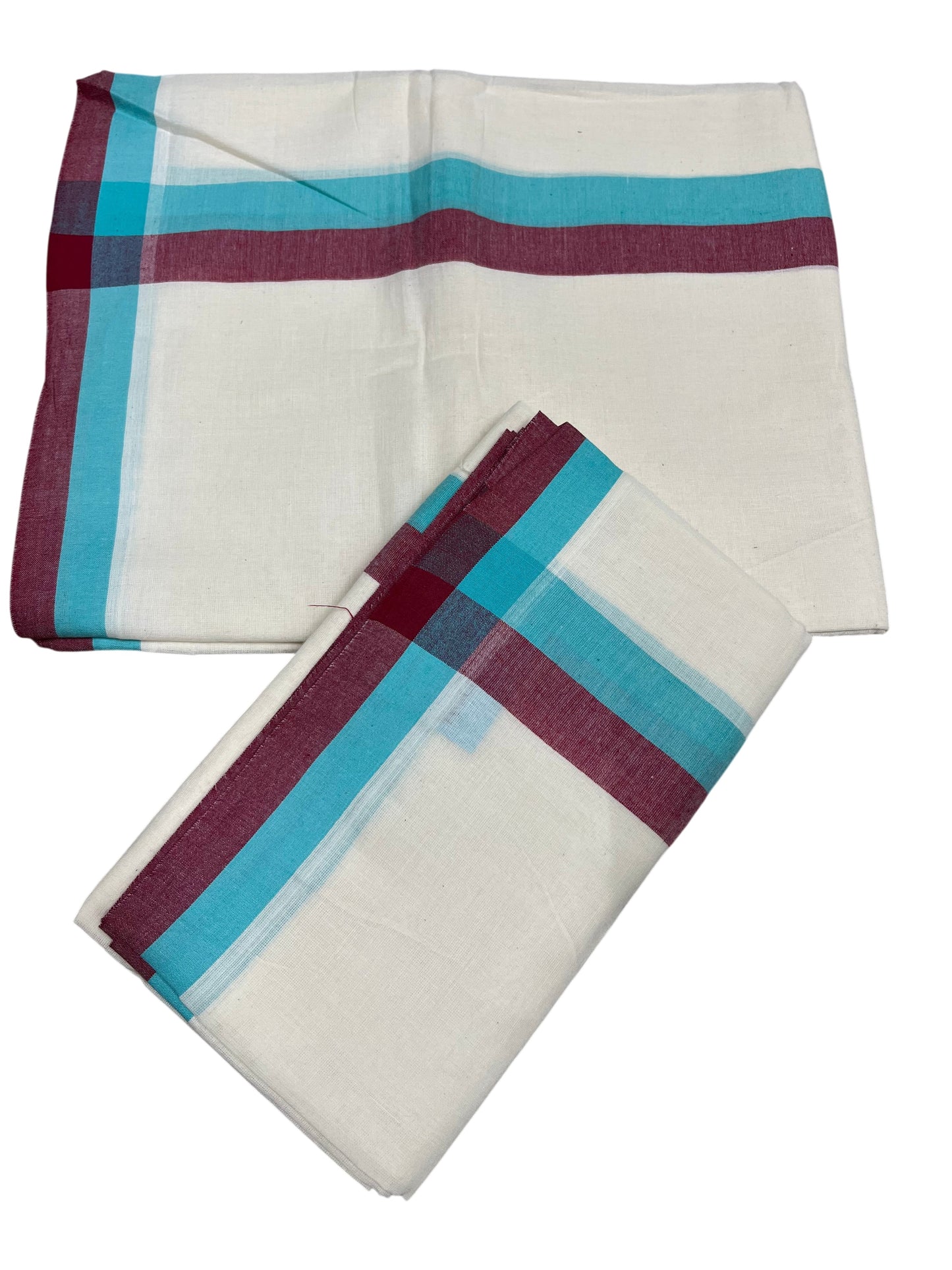 Southloom Pure Cotton Kerala Single Mulloth Set Mundu (Mundum Neriyathum) Maroon And Turquoise Border in 2.80 mtrs