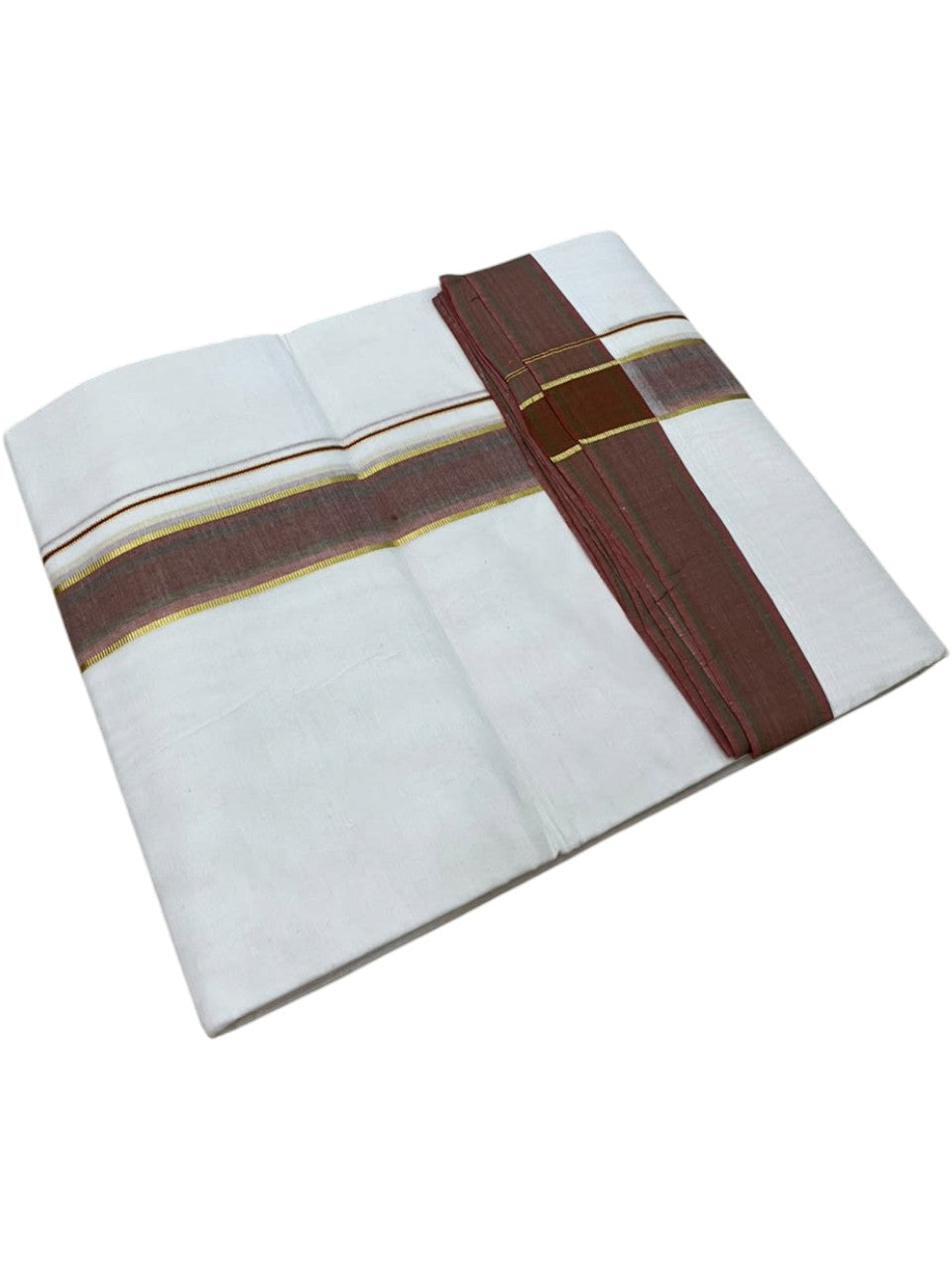 Southloom Pure Cotton Mundu with Siver Lines and Brown Border (South Indian Kerala Dhoti)