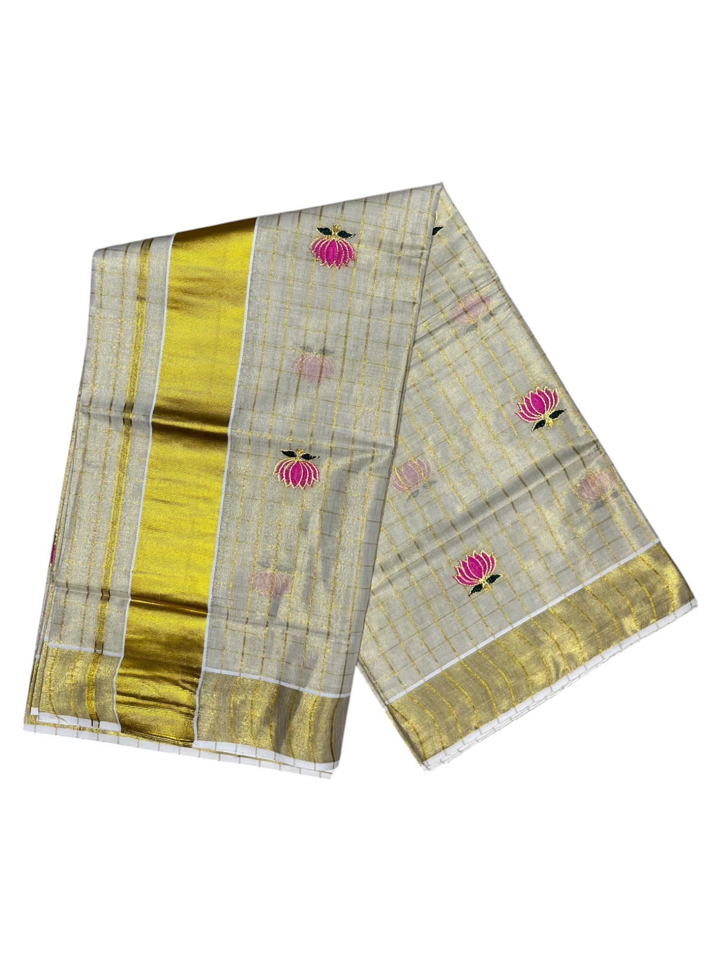 Southloom Kerala Tissue Kasavu Check Saree with Pink And Green Lotus Embroidary Works on Body