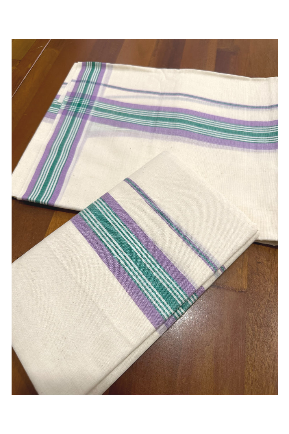 Kerala Mulloth Soft Cotton Mundum Neriyathum Single with Violet and Green Border (Onam Set Mundu 2023)