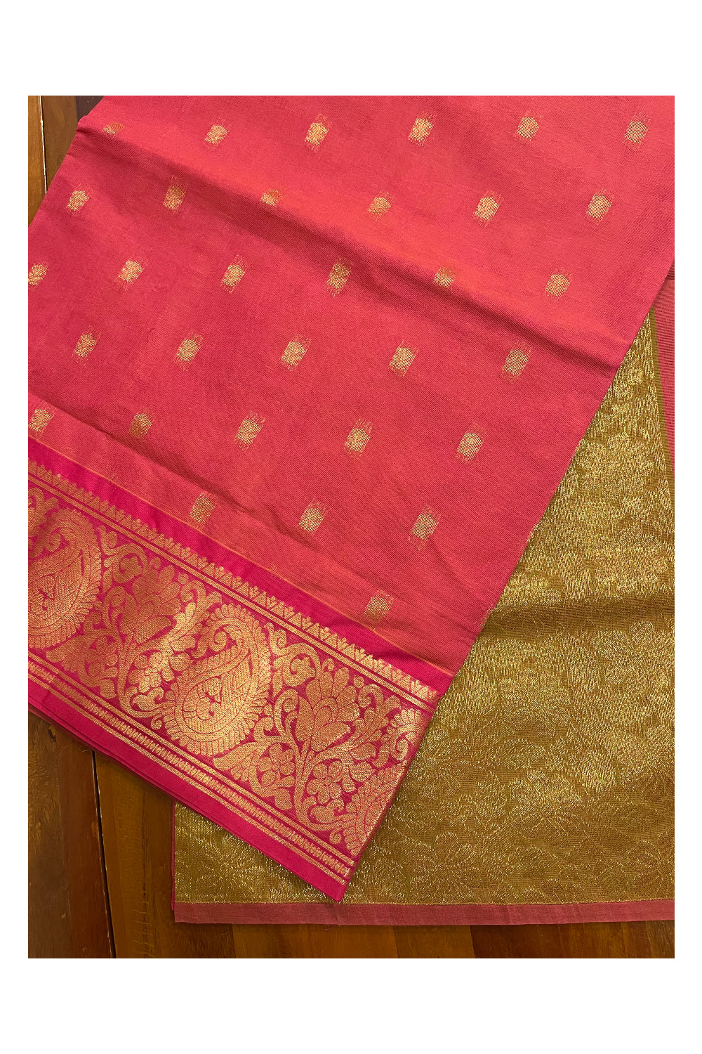 Southloom Cotton Pinkish Red Saree with Kasavu Woven Butta Works on Body  and Pallu