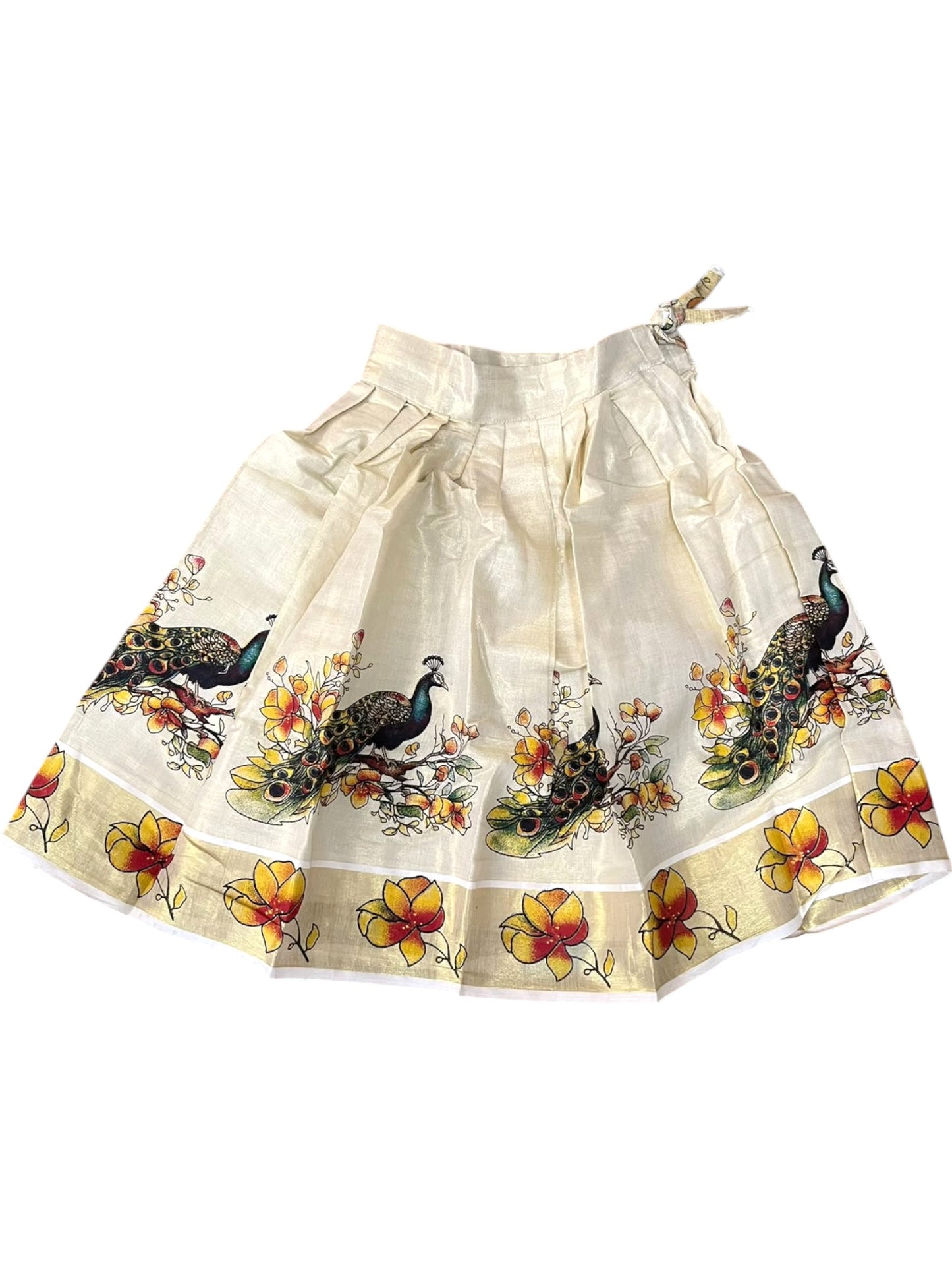 Southloom Kerala Tissue Kasavu Digital Peacock Printed Pavada & Blouse with for Kids