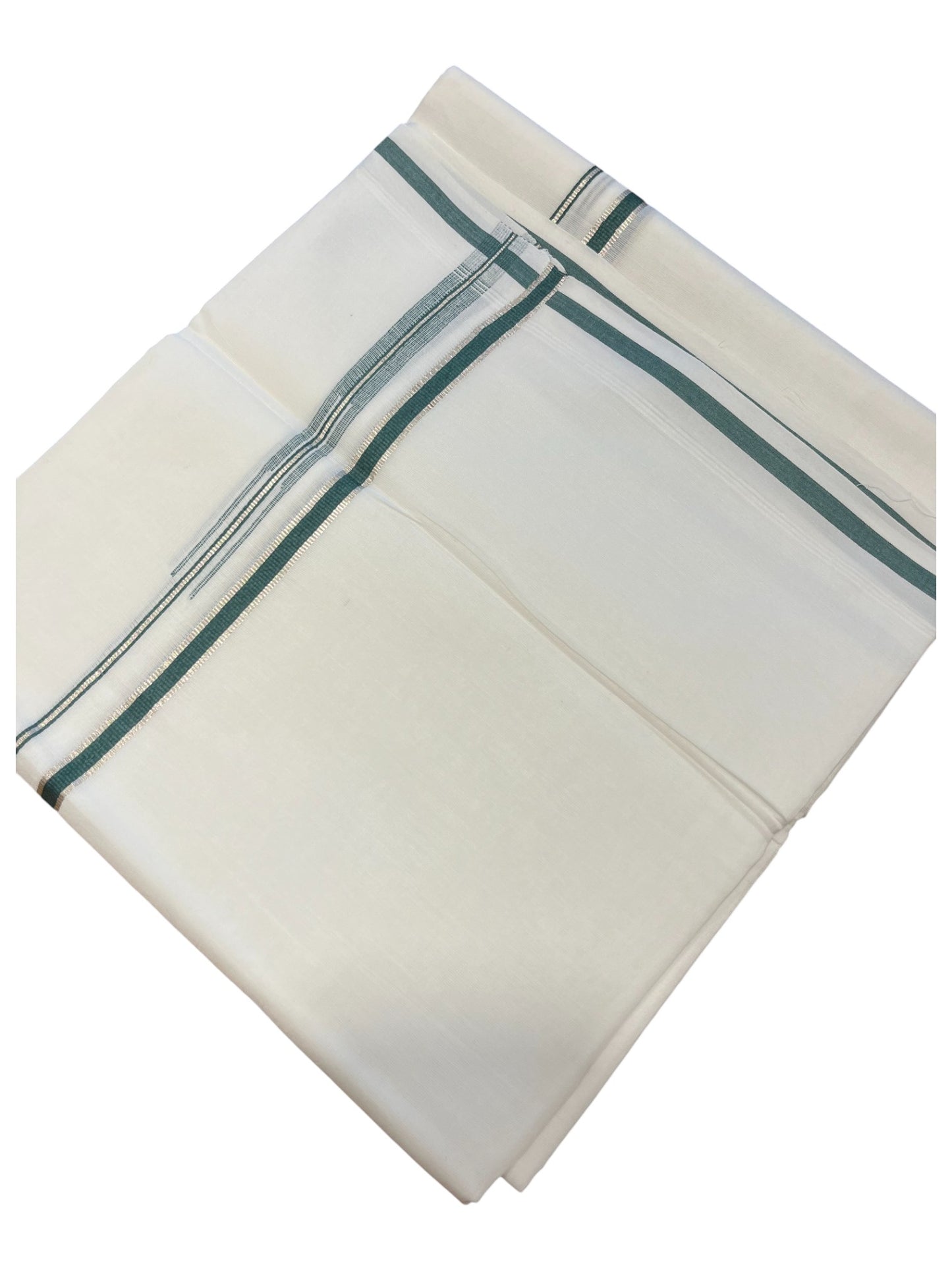 Pure White Cotton Double Mundu with Silver Green Chutti Kara (South Indian Dhoti)