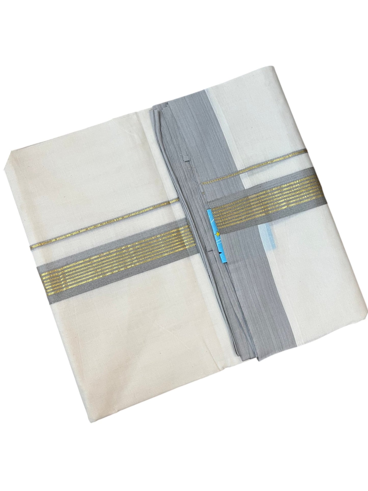 Southloom Pure Cotton Mundu with Golden Lines and Grey Border (South Indian Kerala Dhoti)