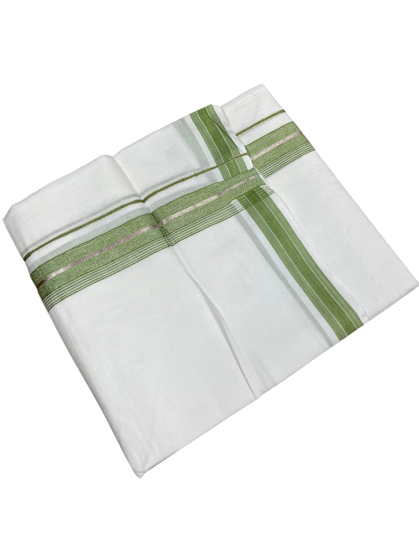Southloom Kerala Pure White Cotton Double Mundu with Silver Line & Green Border (South Indian Dhoti)