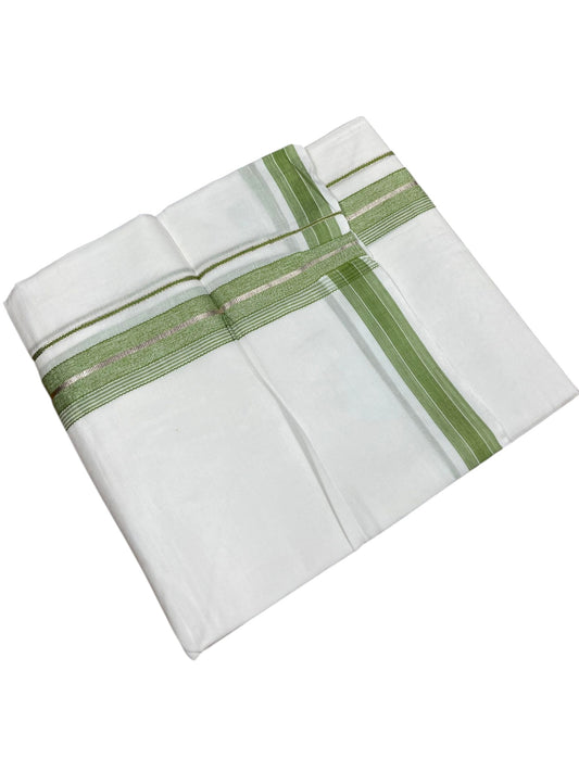 Southloom Kerala Pure White Cotton Double Mundu with Silver Line & Green Border (South Indian Dhoti)