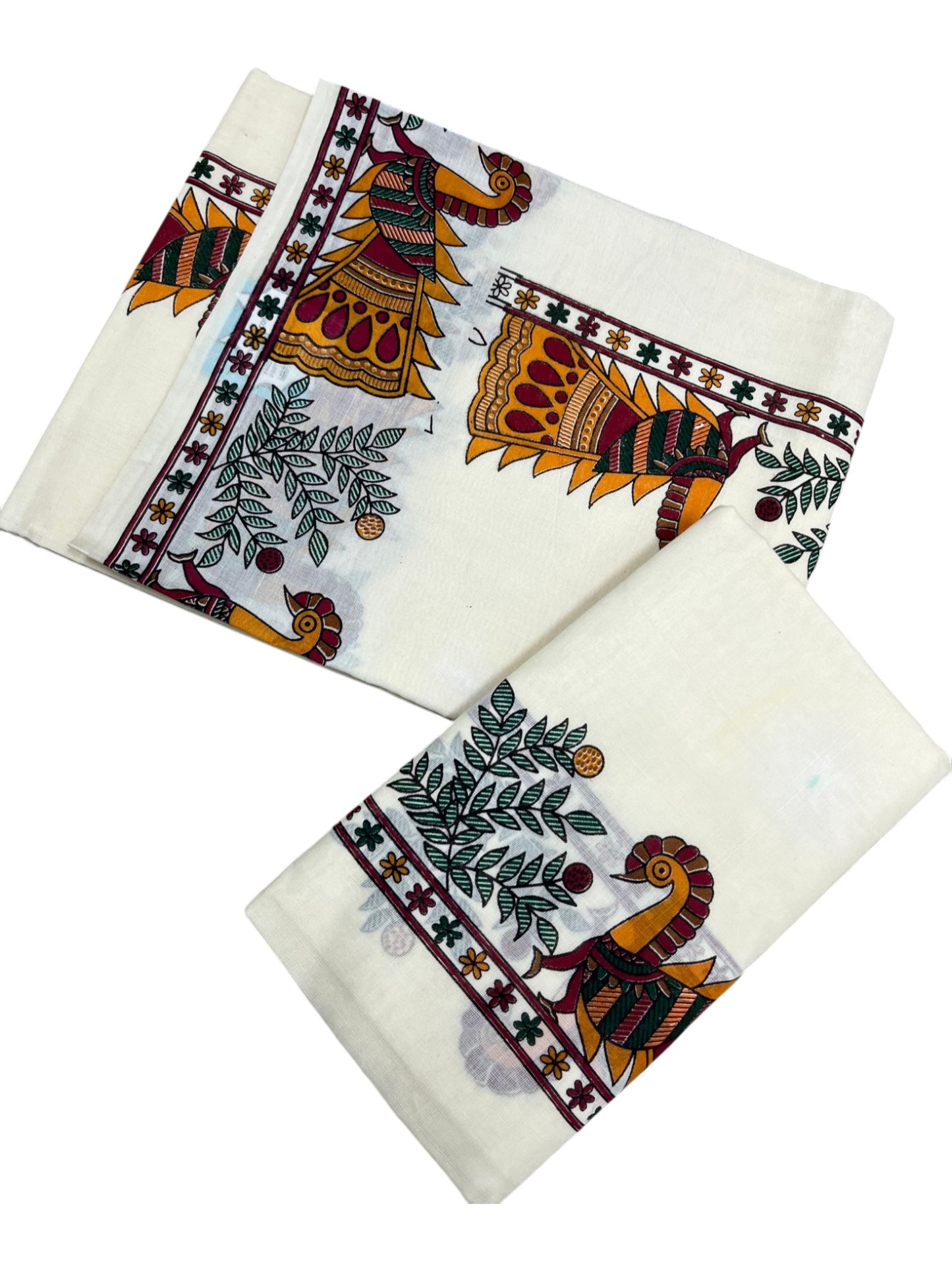 Southloom Cotton Single Set Mundu (Mundu Neriyathum) With Peacock Print On Kasavu in 2.80 Mtrs