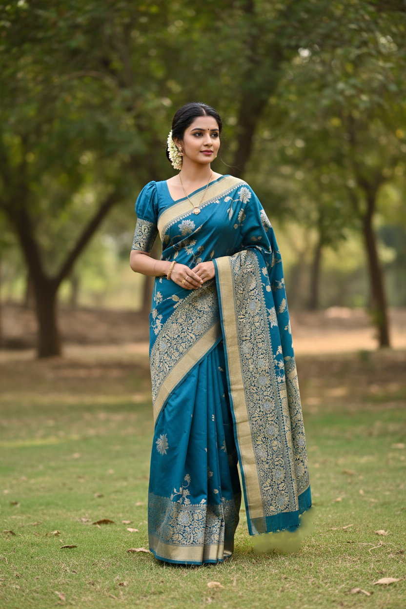 Southloom Pure Banarasi Silk Saree with Woven Work on Body and Borders