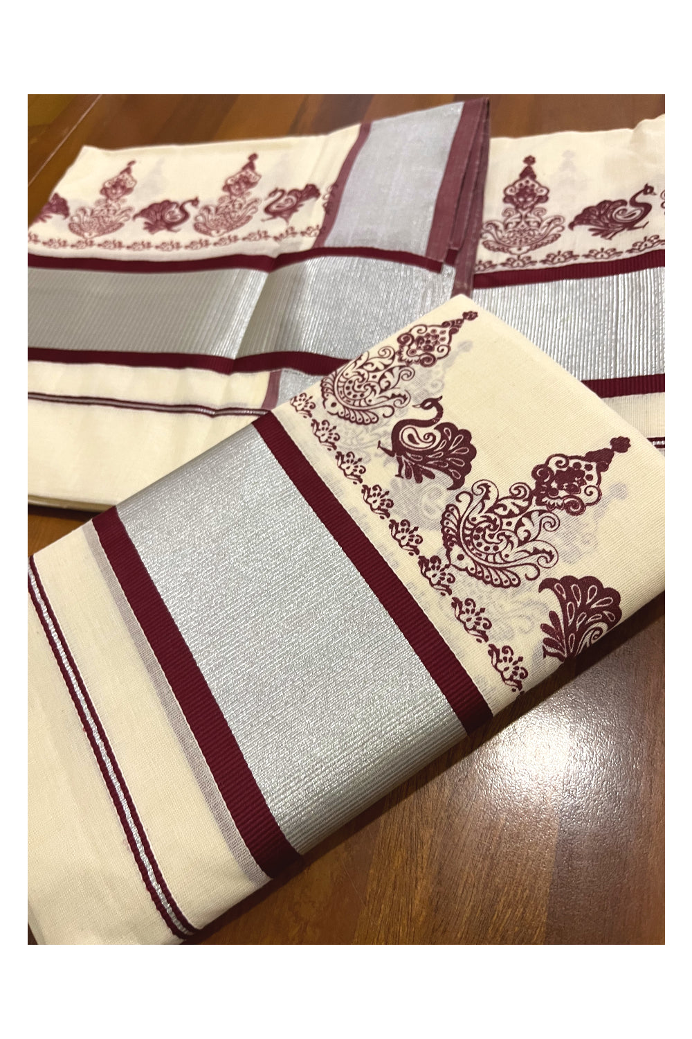 Pure Cotton Kerala Single Set Mundu (Mundum Neriyathum) with Maroon Block Printed Silver Kasavu Border