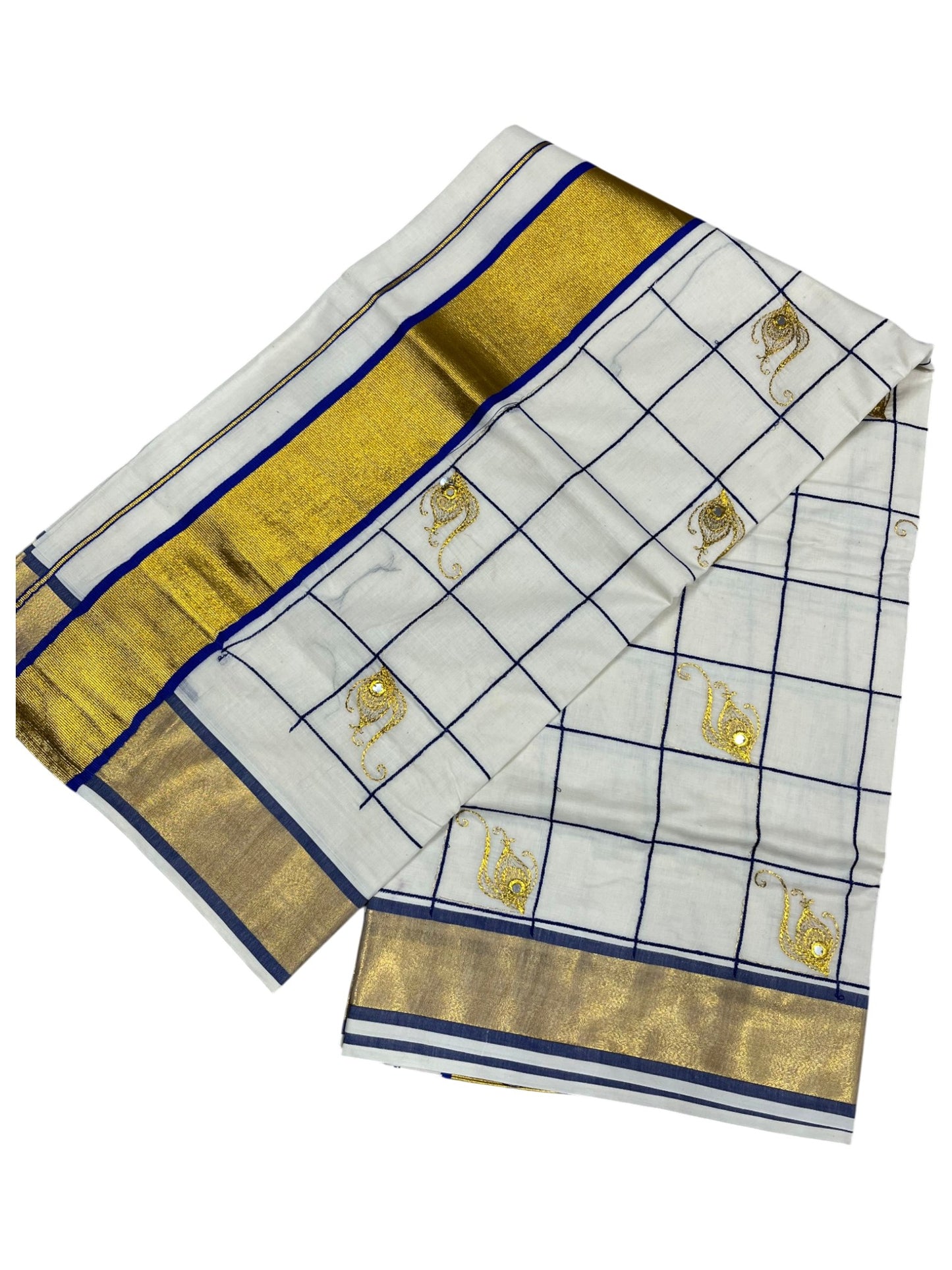 Southloom Cotton Kerala Kasavu Check Saree with Peacock Feather Embroidery Design in Blue