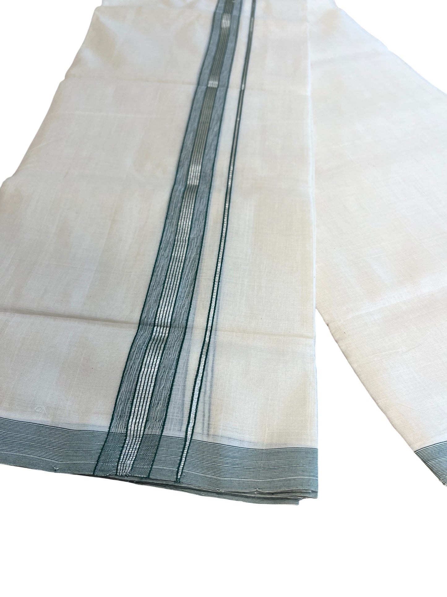 Southloom Premium Handloom Cotton Double Mundu with Silver and Green Border