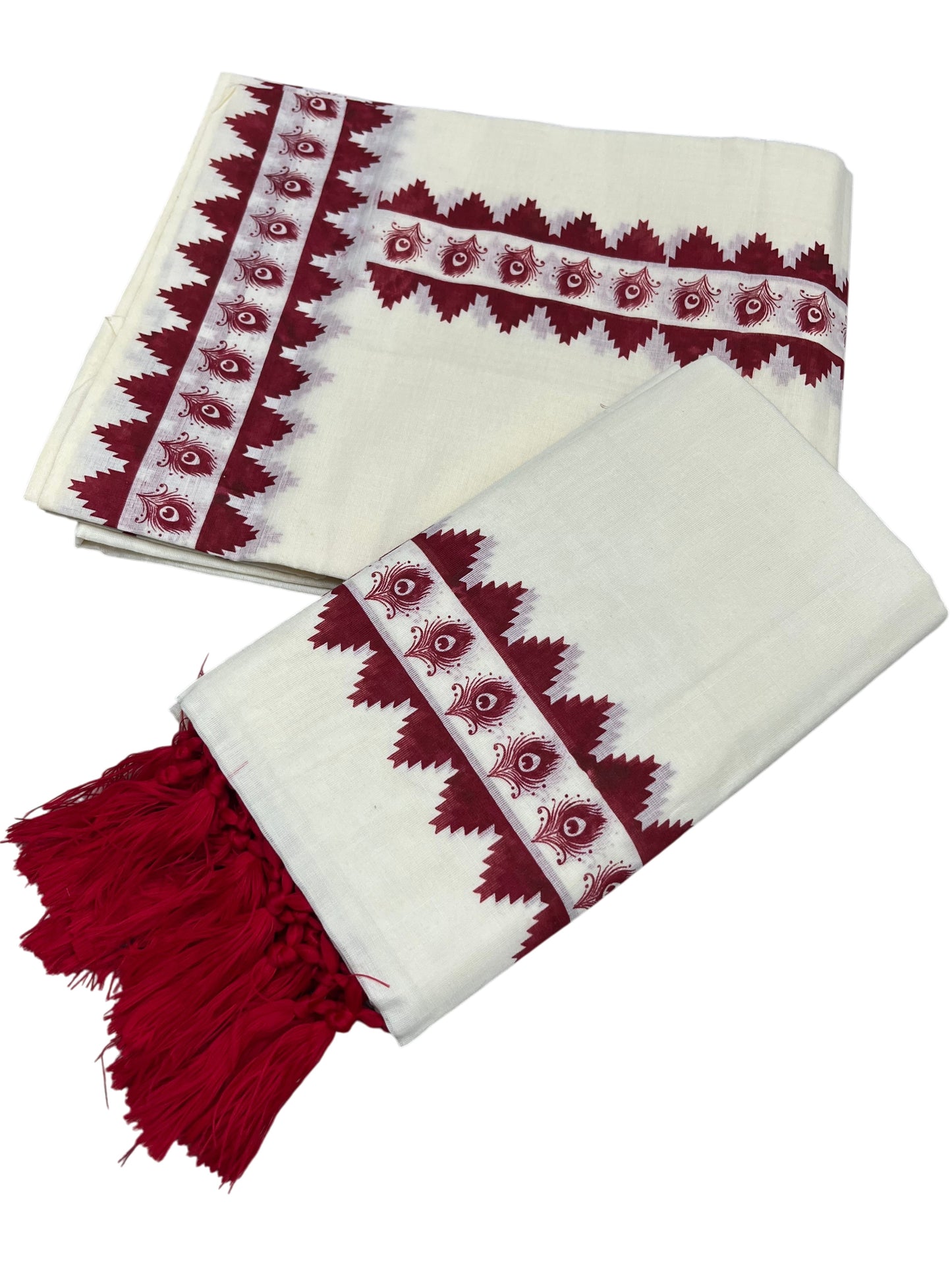 Southloom Cotton Single Set Mundu (Mundu Neriyathum) Red Printed Border With Tussles in 2.80 Mtrs