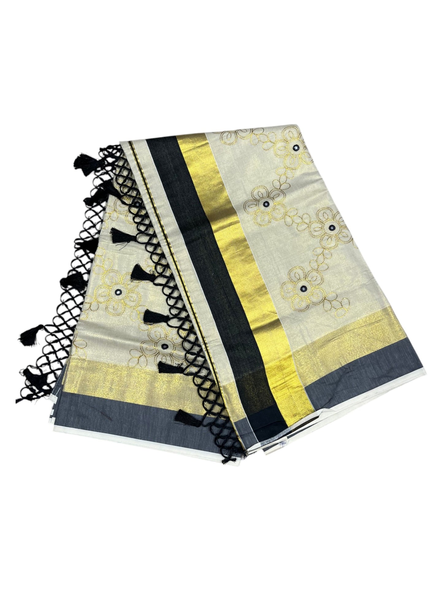 Kerala Tissue Kasavu Stripes Saree with Gold and Black Floral Embroidery Design on Body SL269