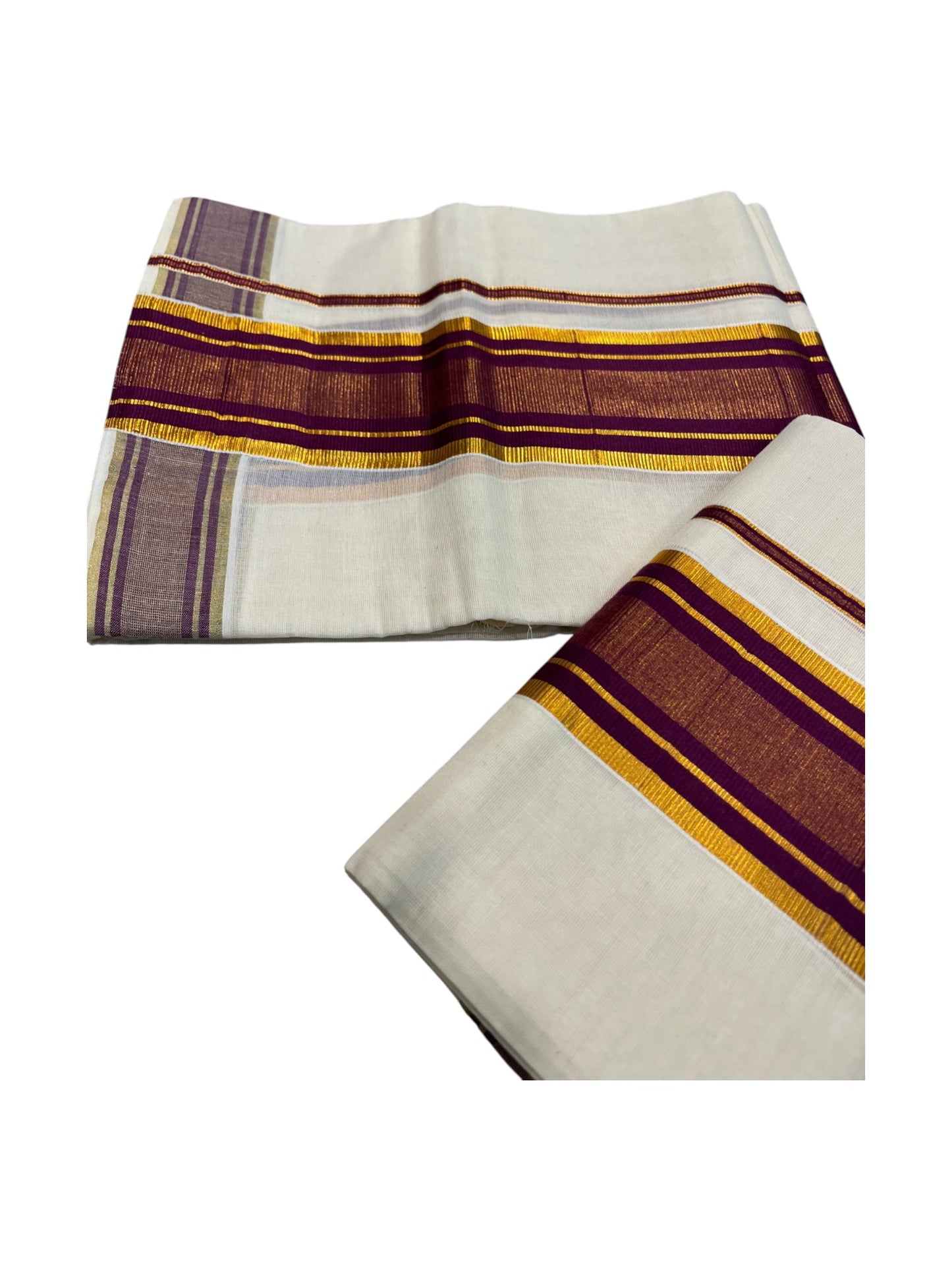 Southloom Kerala Cotton Set Mundu (Mundum Neriyathum) with Kasavu and Purple Border 2.80 Mtrs
