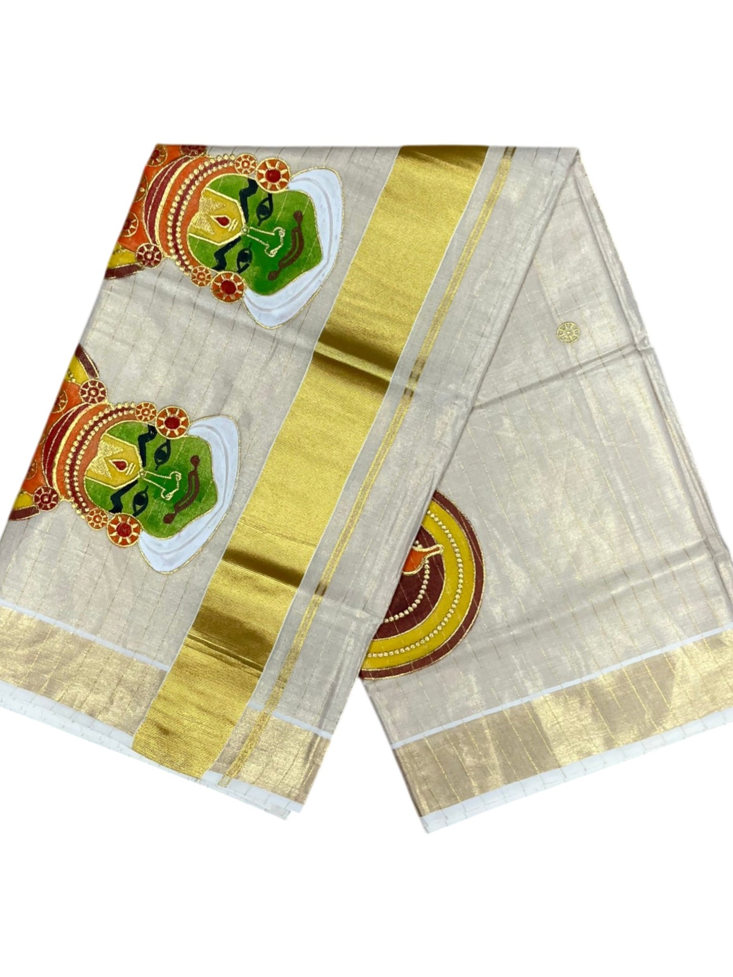 Southloom Tissue Kerala Kasavu Lines Saree with Kathakali Embroidery Design SL339