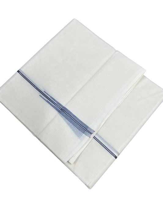 Kerala Pure Cotton Double Mundu with Blue And Silver Chutti Kara (South Indian Kerala Dhoti)